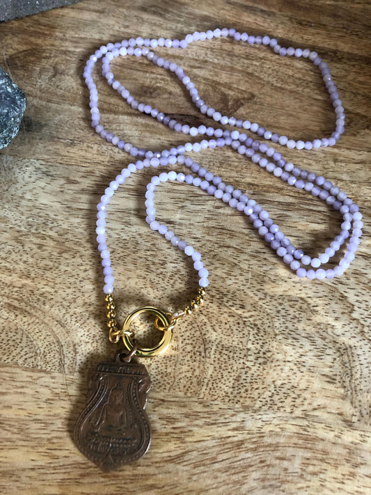 Purple Agate Long Necklace Stone of intuition, Creativity Vintage Buddha Amulet Pendant from Thailand, Boho Meditation Empowering Necklace