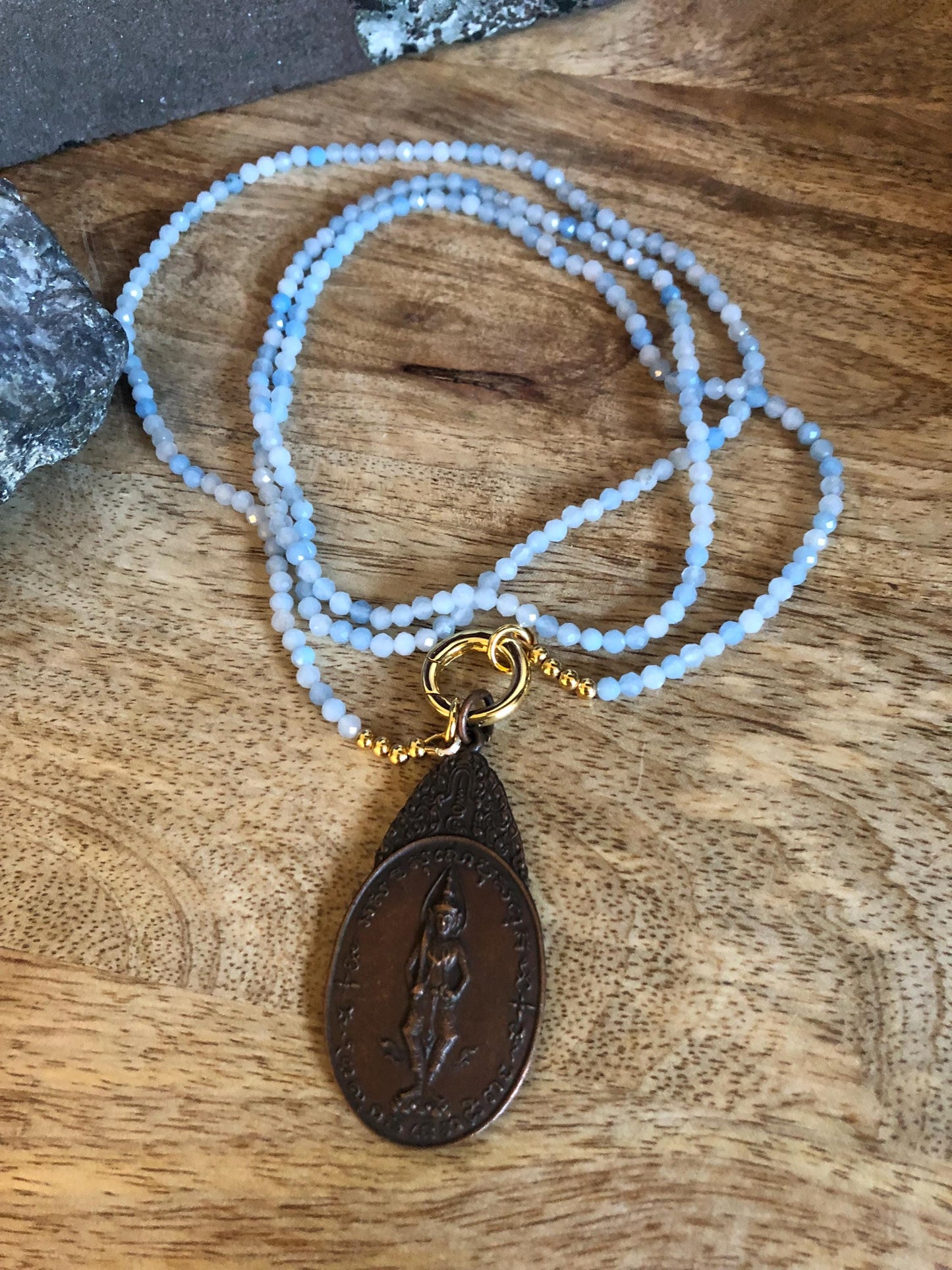 Aquamarine Long Necklace, Stone Of Tranquility, Harmony, March Birthstone Vintage Buddha Amulet from Thailand Empowering meditation necklace