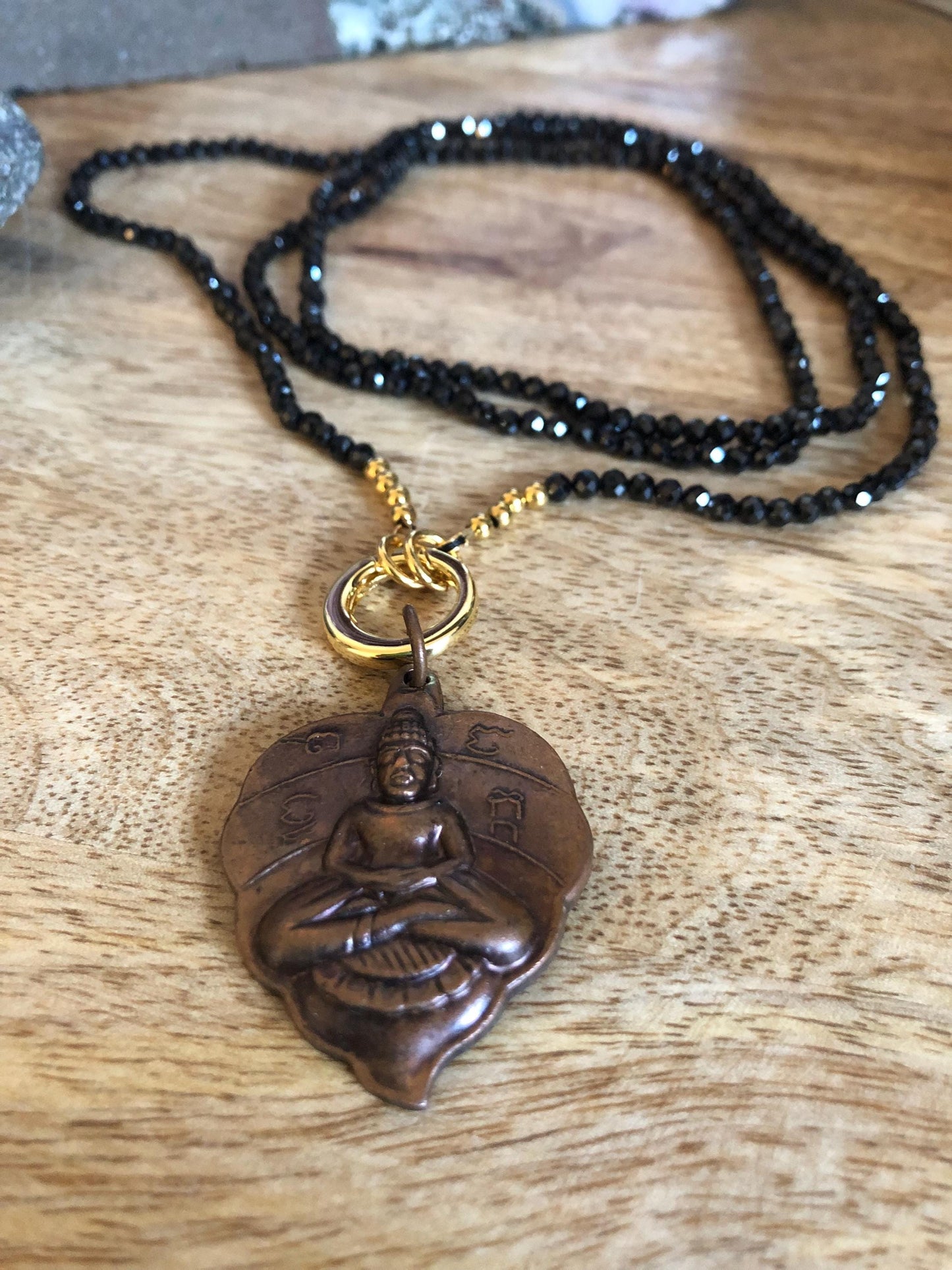 Black Onyx Long Necklace Stone of protection, strength, Vintage Thailand Buddha Amulet Pendant, Empowered boho necklace, meditation gift