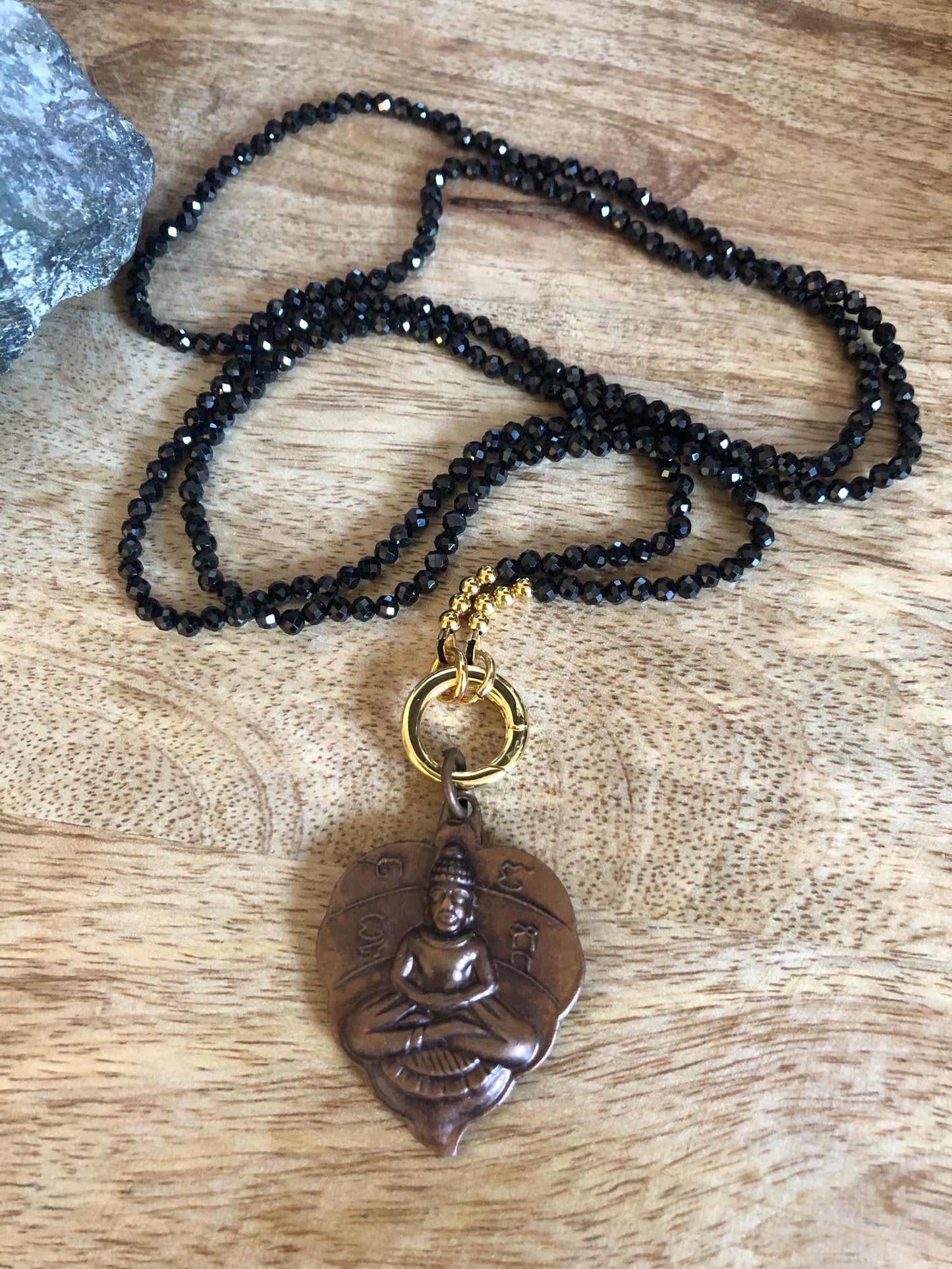 Black Onyx Long Necklace Stone of protection, strength, Vintage Thailand Buddha Amulet Pendant, Empowered boho necklace, meditation gift