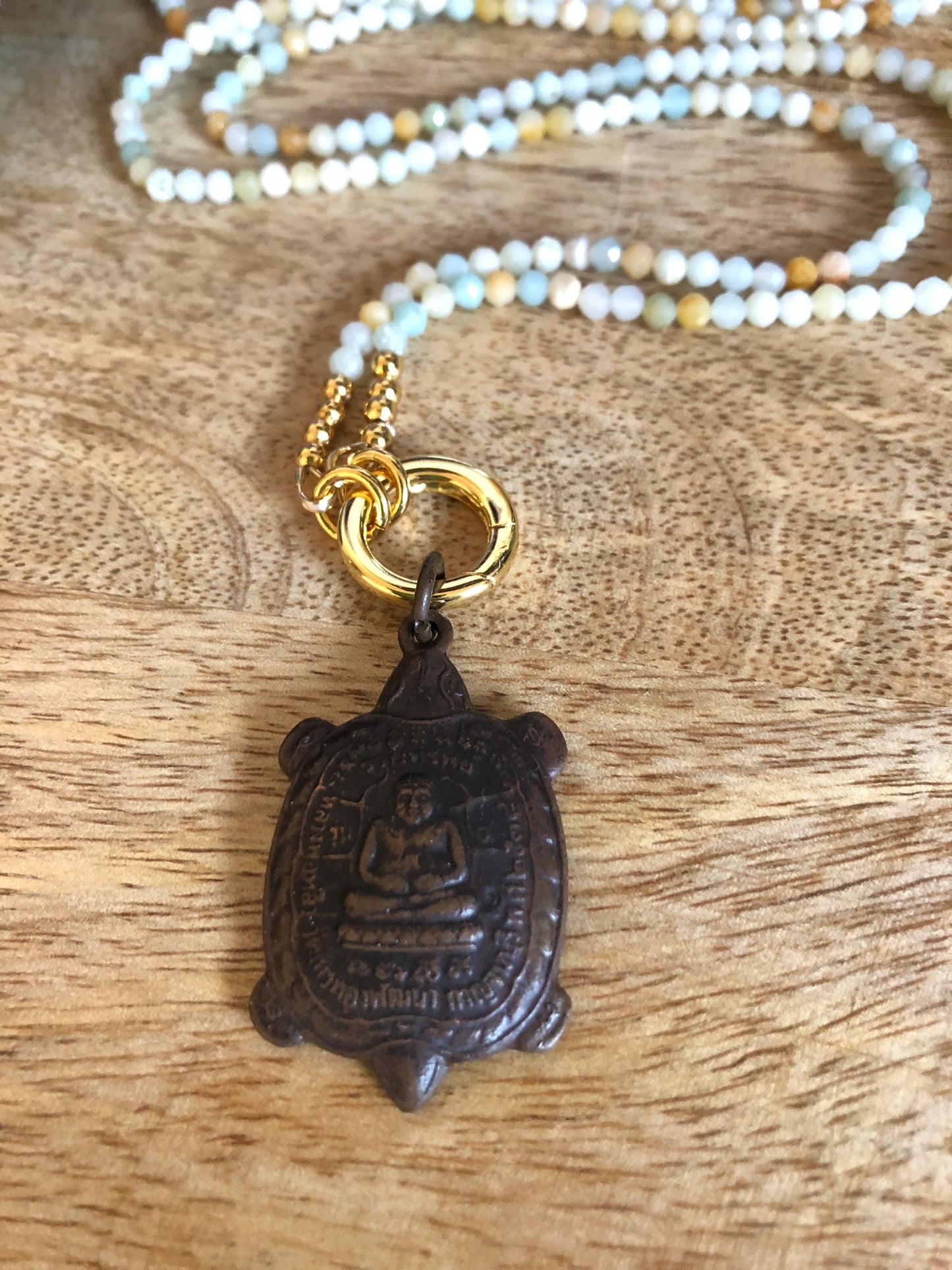 Amazonite Long Necklace, stone of truth and courage, Vintage Buddha Pendant/amulet from Thailand, Empowering necklace, boho chic necklace