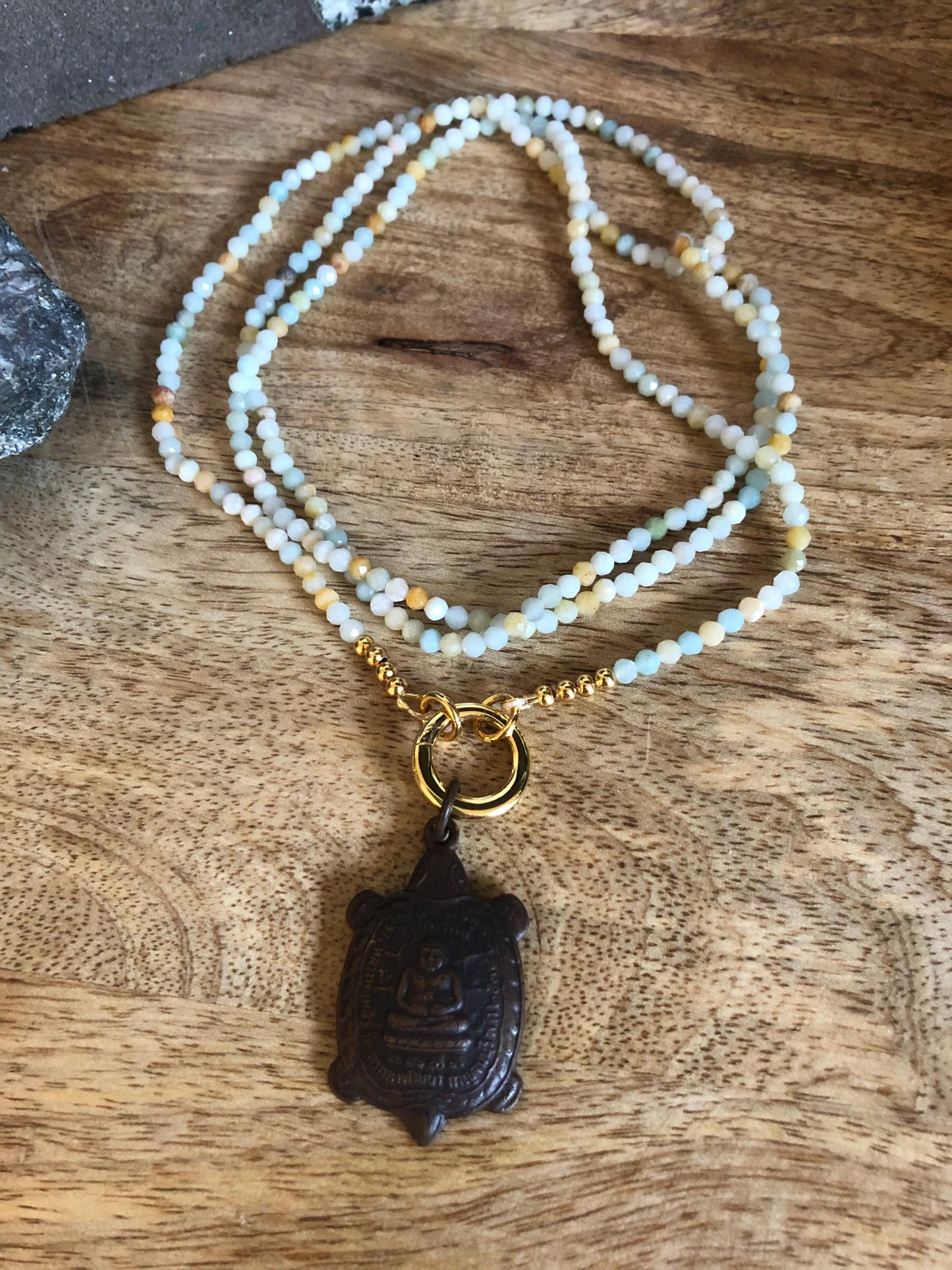 Amazonite Long Necklace, stone of truth and courage, Vintage Buddha Pendant/amulet from Thailand, Empowering necklace, boho chic necklace