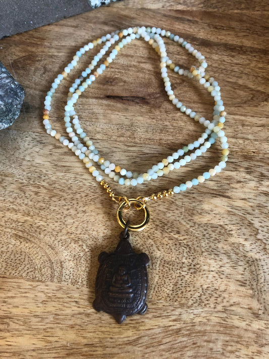 Amazonite Long Necklace, stone of truth and courage, Vintage Buddha Pendant/amulet from Thailand, Empowering necklace, boho chic necklace