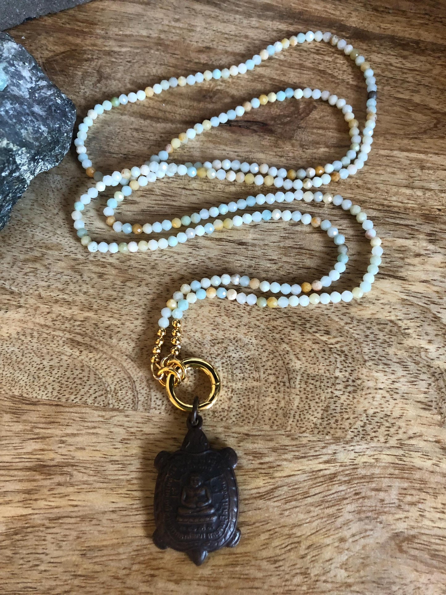 Amazonite Long Necklace, stone of truth and courage, Vintage Buddha Pendant/amulet from Thailand, Empowering necklace, boho chic necklace