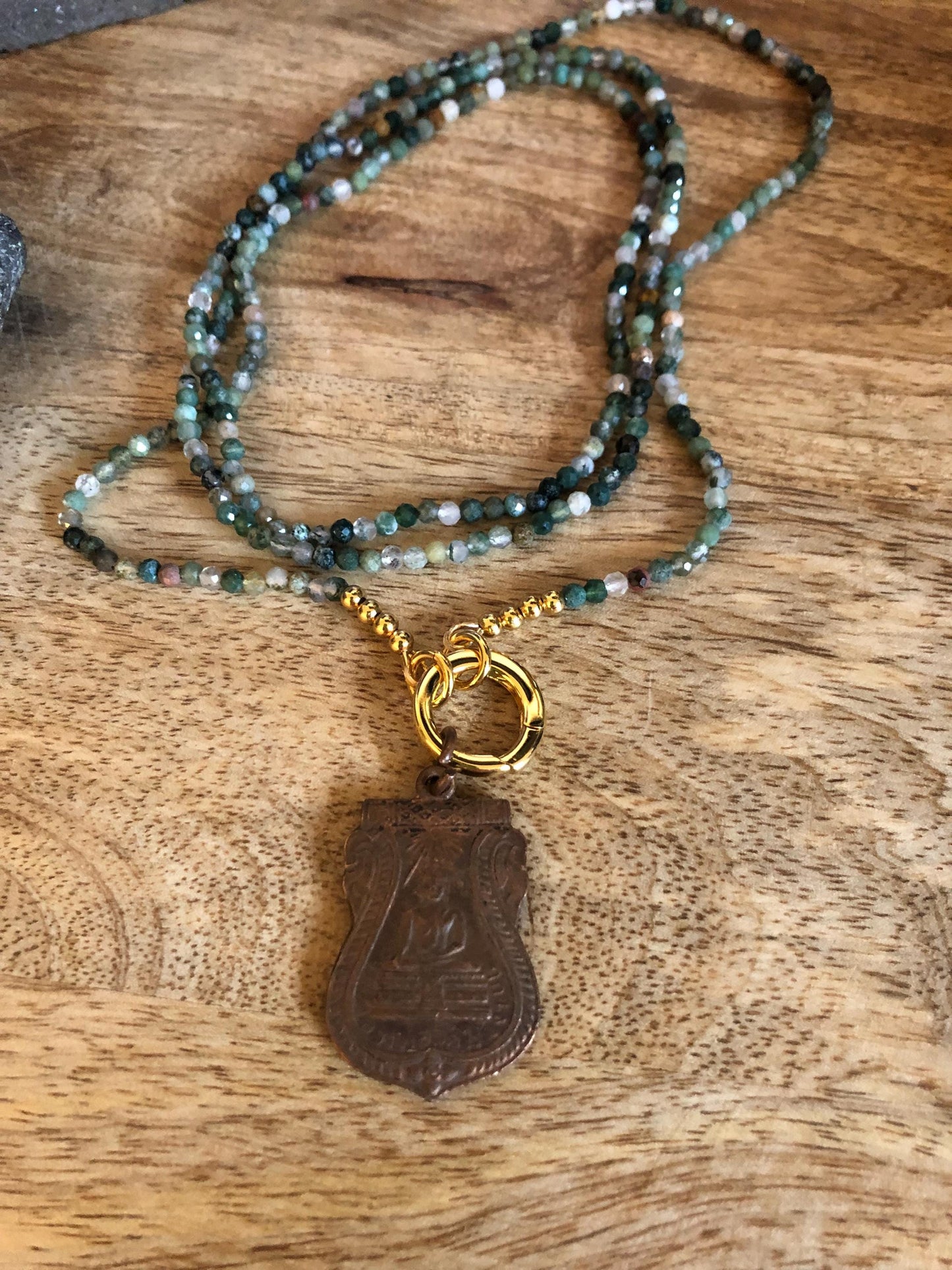 Indian Agate Long Necklace, Stone of peace and harmony, Vintage Thai Buddha Pendant, amulet from Thailand, Empowered boho necklace