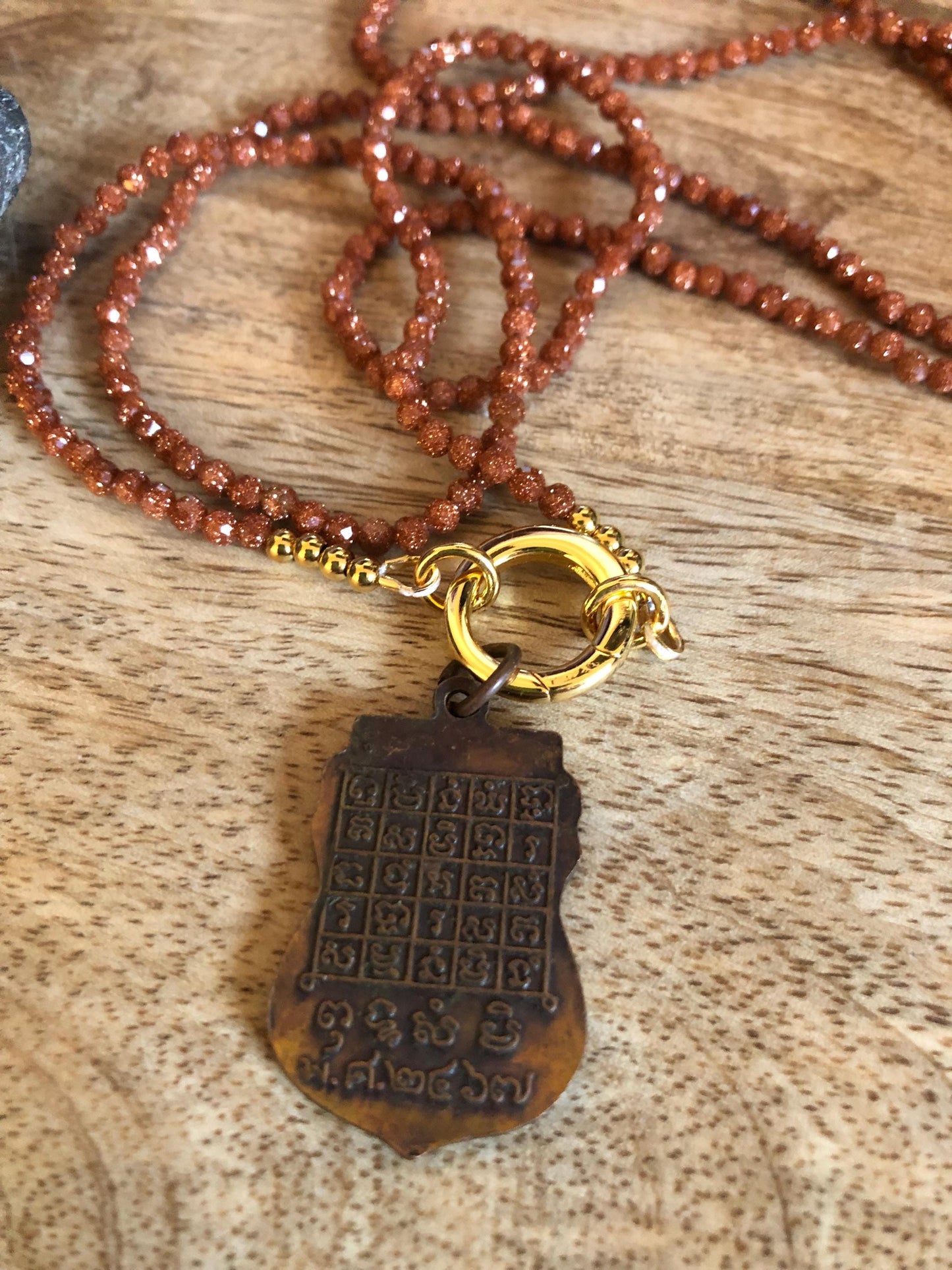 Golden Sand Necklace -stone of prosperity, ambition Amulet Buddha Pendant from Thailand, 3x3 beads, empowering necklace, meditation gifts