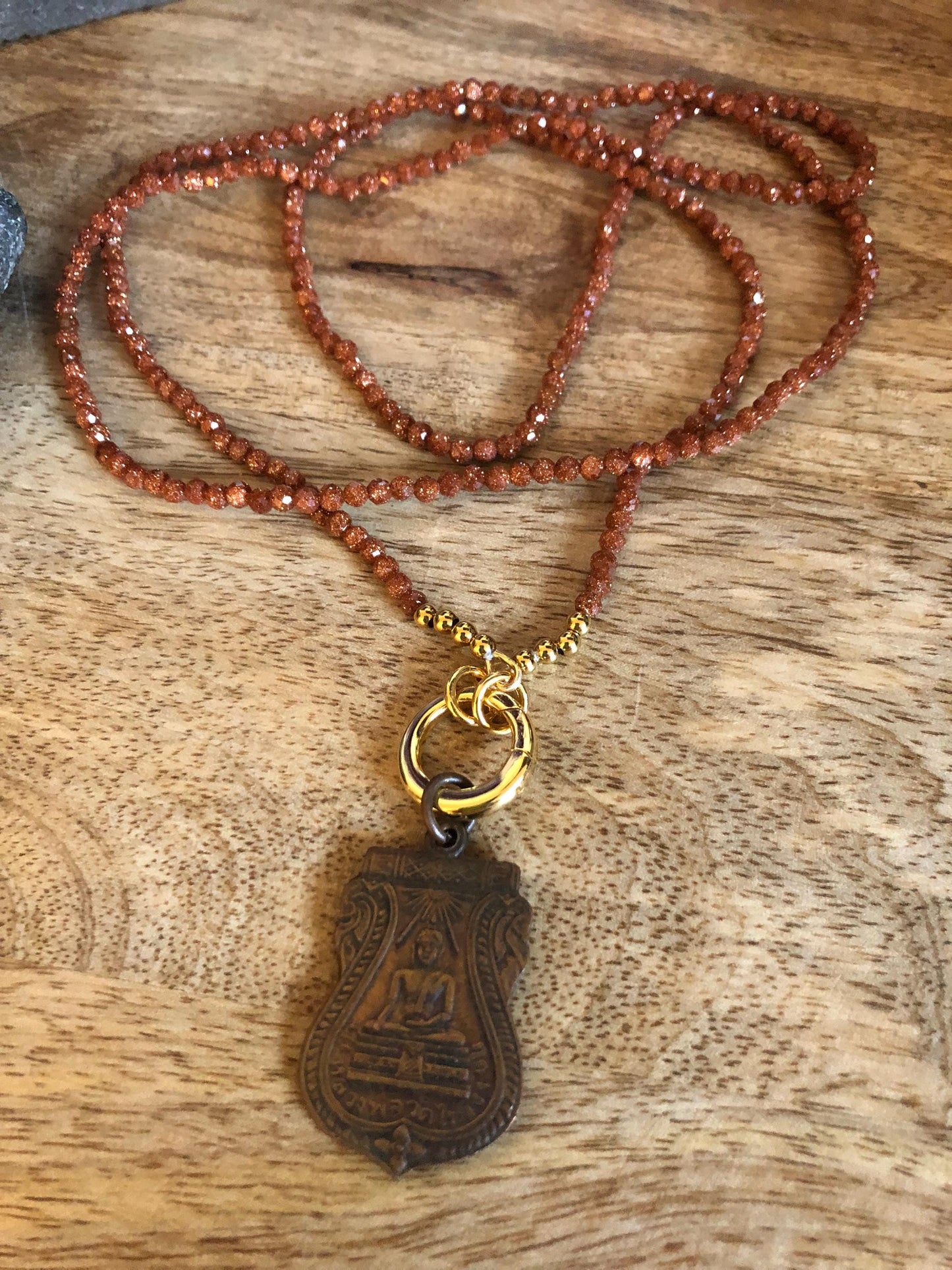 Golden Sand Necklace -stone of prosperity, ambition Amulet Buddha Pendant from Thailand, 3x3 beads, empowering necklace, meditation gifts