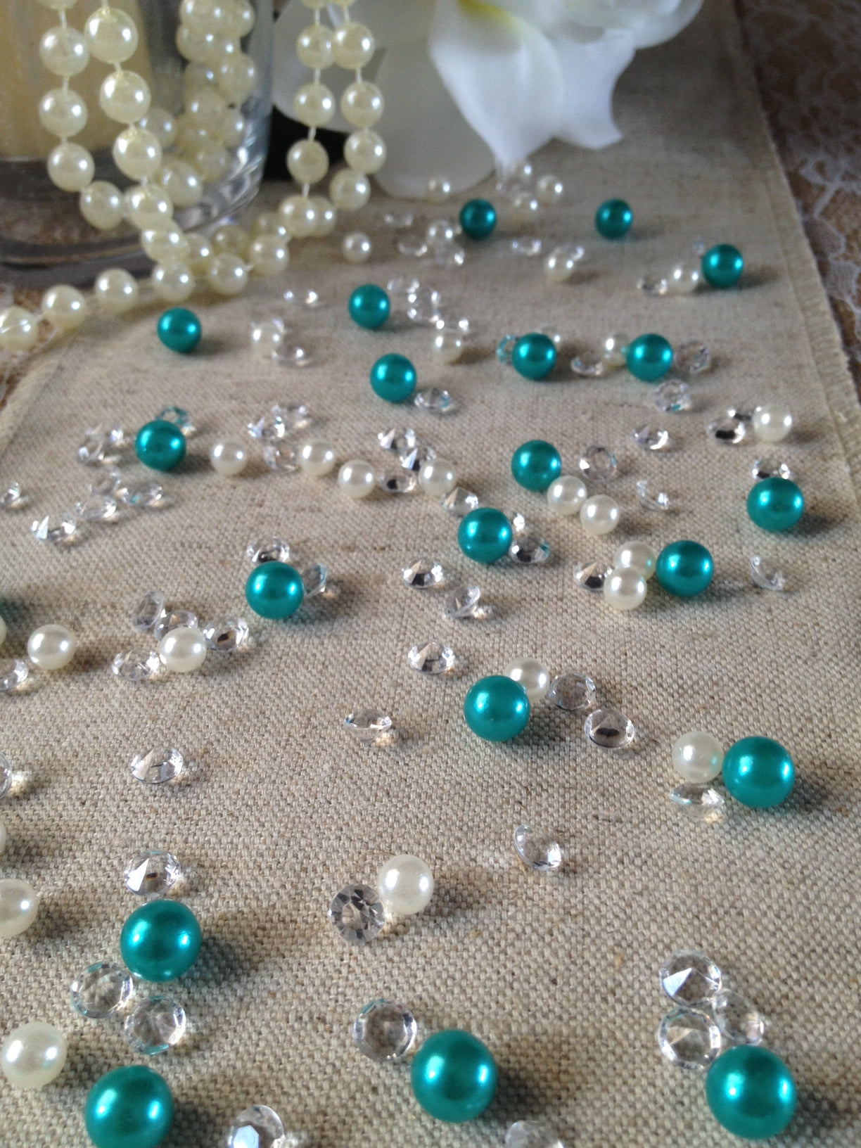 Emerald Green Pearls & Diamond Vintage Table Scatters For Wedding, Parties, Perfect for wine glass fillers, mason jars.