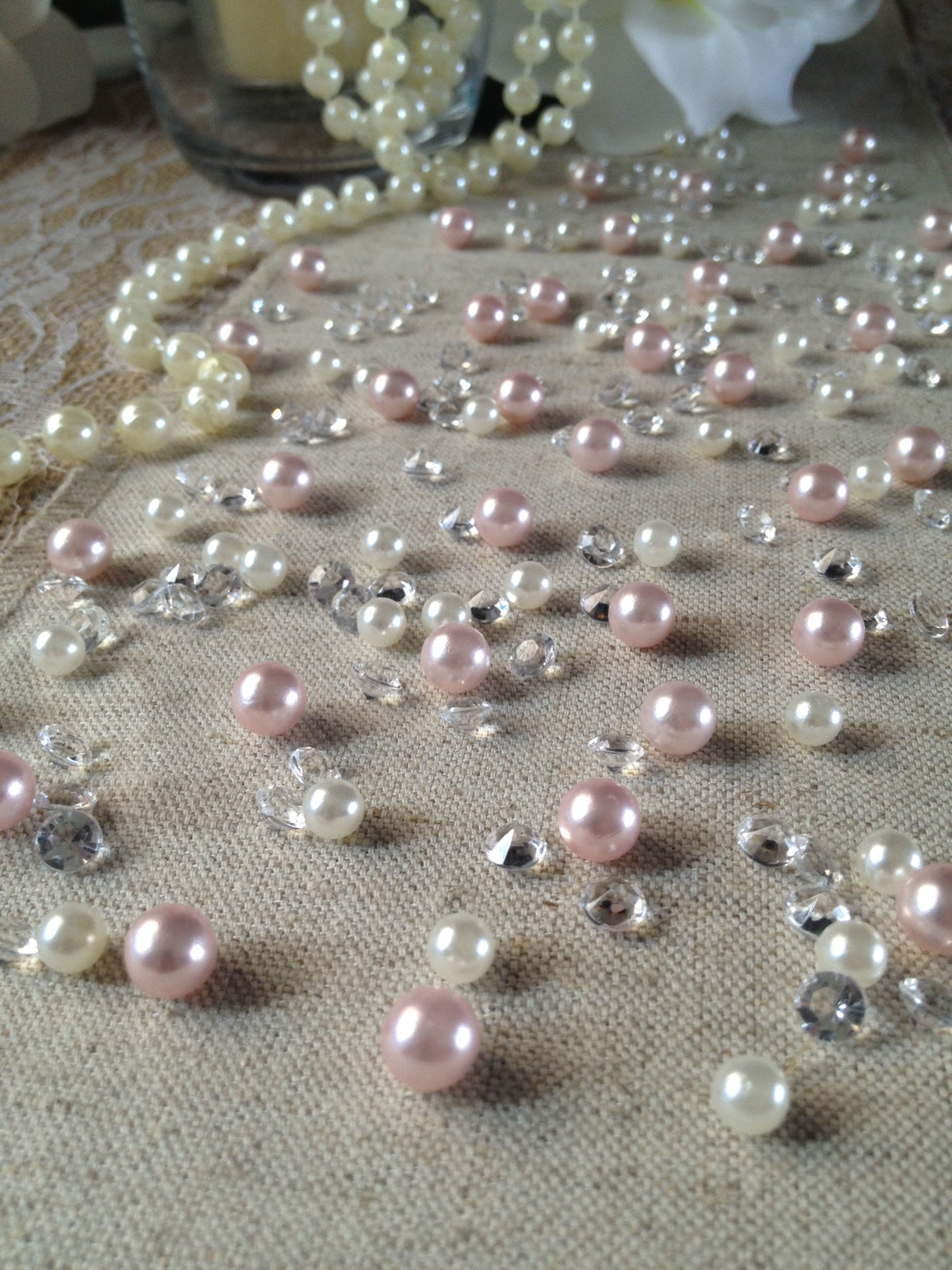 Blush Pink Pearls & Diamond, Vintage Pearl Table Scatters For Wedding, Parties, Perfect for wine glass fillers, mason jars.