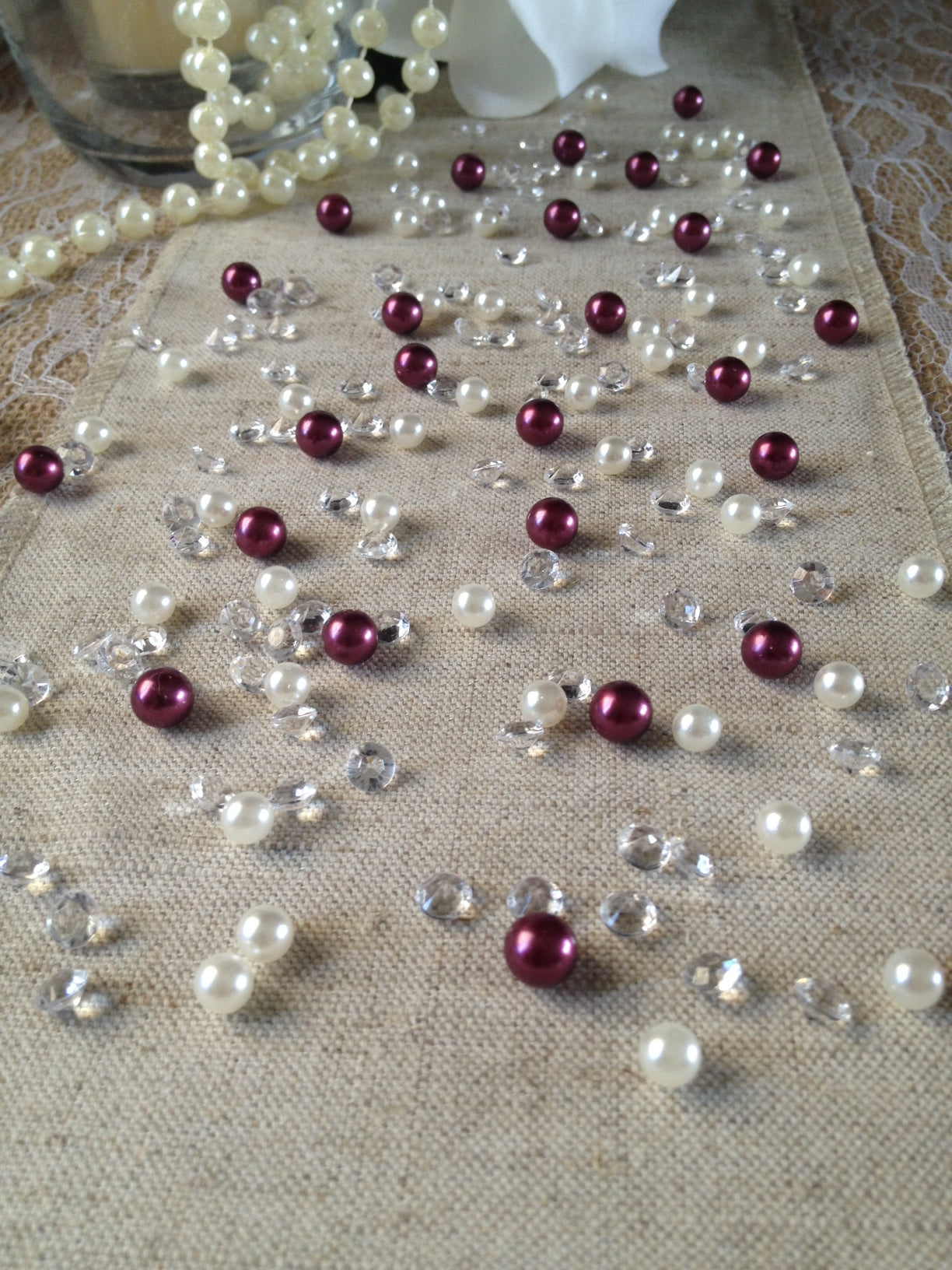 Diamonds & Pearls Vintage Table Scatters Burgundy Pearls, For Wedding, Parties, Perfect for wine glass fillers, mason jars.