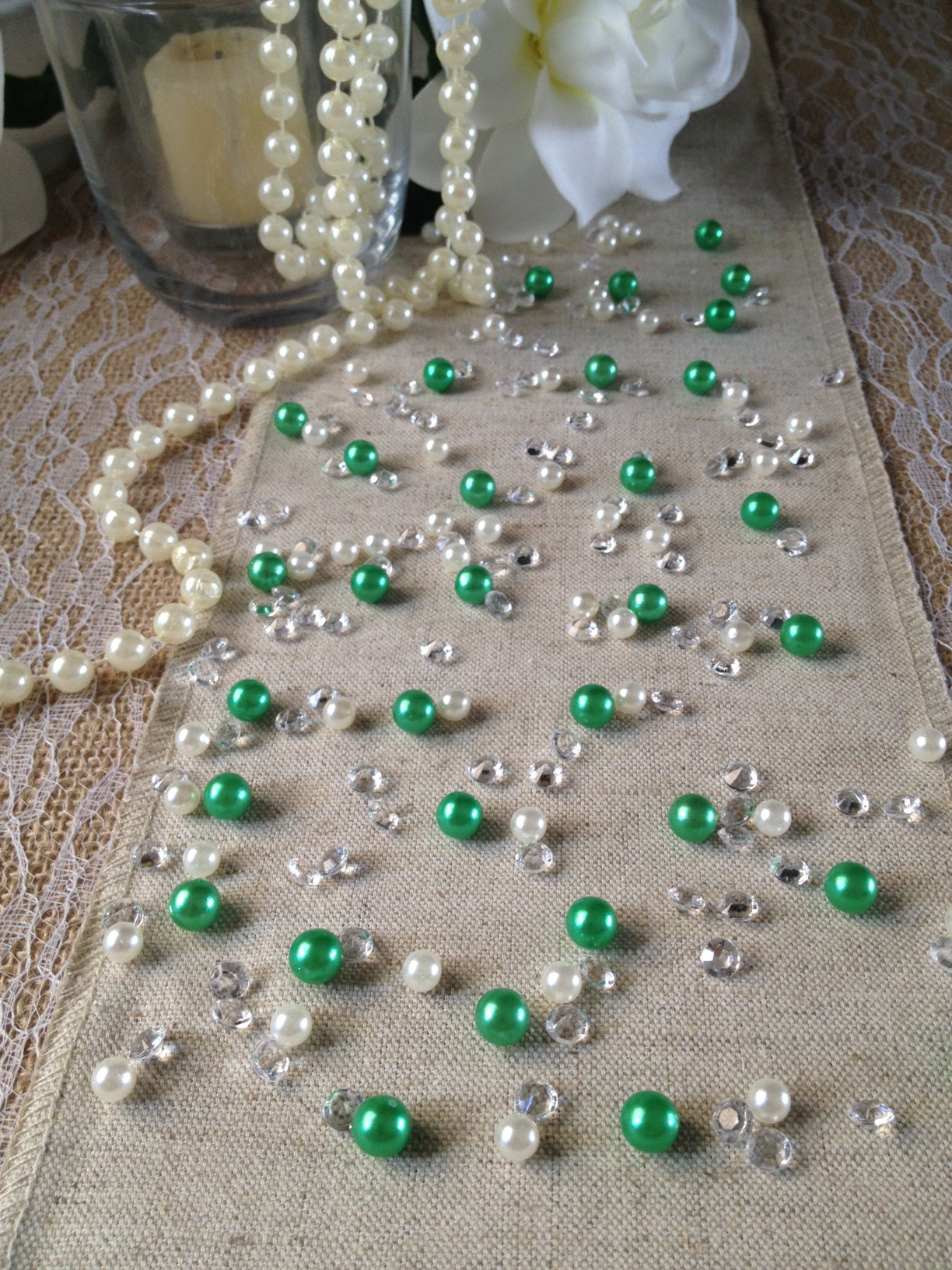 250pc Vintage Green Pearls & Diamond Table Scatters For Wedding, Parties, Perfect for wine glass fillers, mason jars.