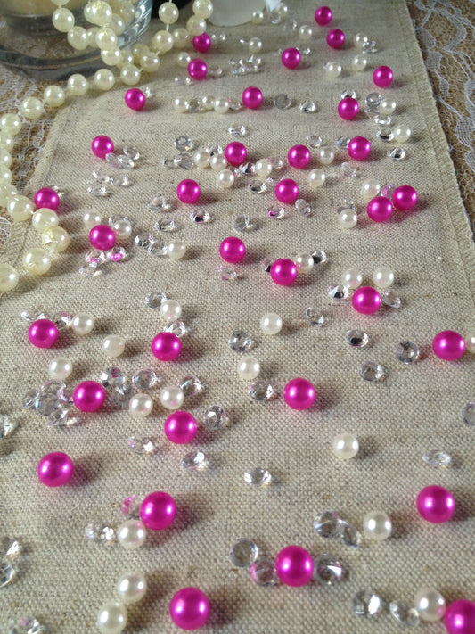 Diamonds & Pearls Vintage Table Scatters Magenta Pink Pearls, For Wedding, Parties, Perfect for wine glass fillers, mason jars.