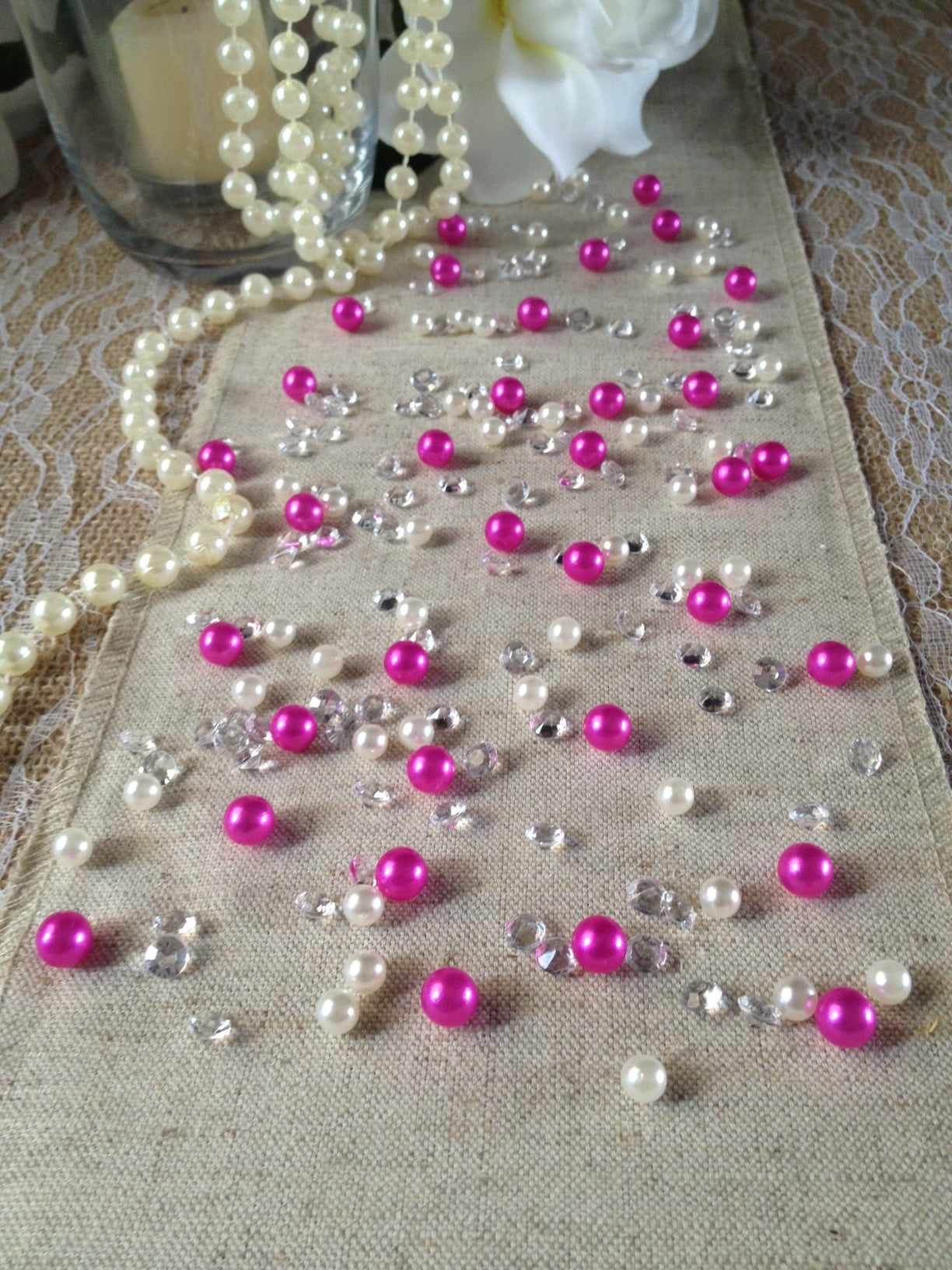 Diamonds & Pearls Vintage Table Scatters Magenta Pink Pearls, For Wedding, Parties, Perfect for wine glass fillers, mason jars.