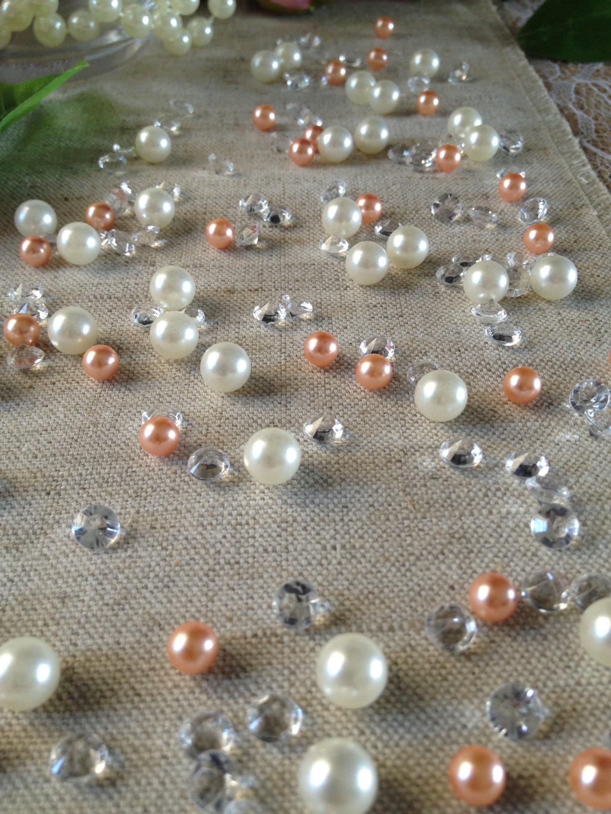 Peach Pearls Table Scatters, Diamond Scatters For Wedding, Parties, Perfect for wine glass fillers, mason jars.