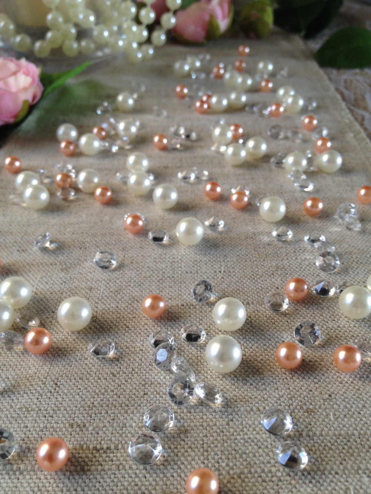 Peach Pearls Table Scatters, Diamond Scatters For Wedding, Parties, Perfect for wine glass fillers, mason jars.