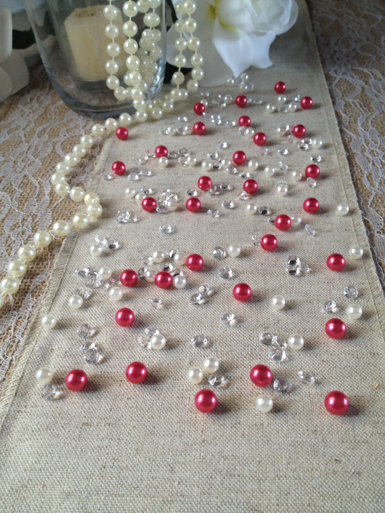 Red Pearls & Diamond Vintage Table Scatters For Wedding, Parties, Perfect for wine glass fillers, mason jars.