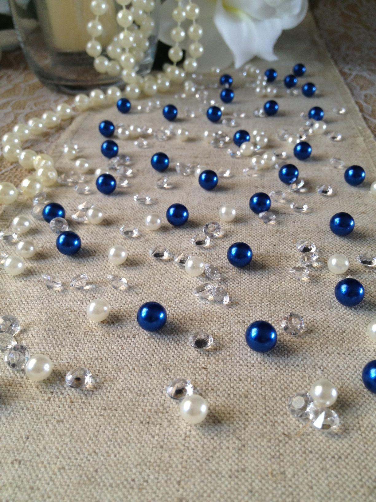 250pc Vintage Royal Blue Pearls & Diamond Table Scatters For Wedding, Parties, Perfect for wine glass fillers, mason jars.