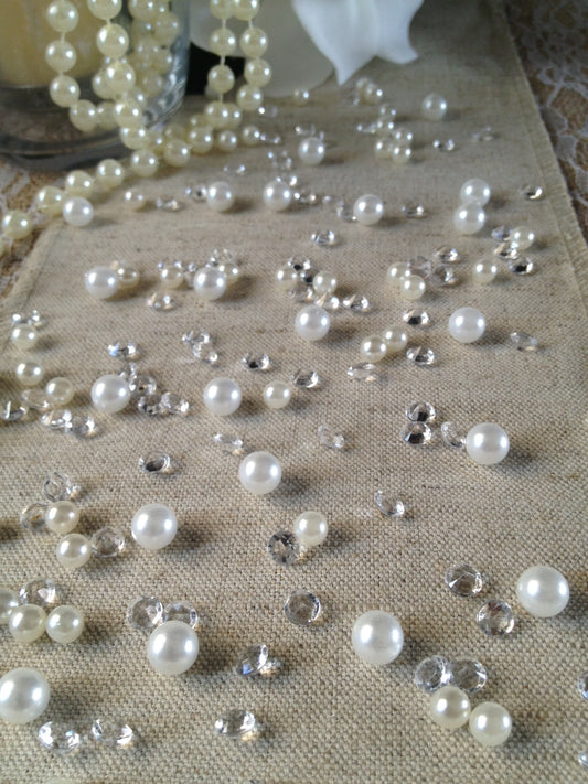 250pc Vintage White Pearls & Diamond Table Scatters For Wedding, Parties, Perfect for wine glass fillers, mason jars.