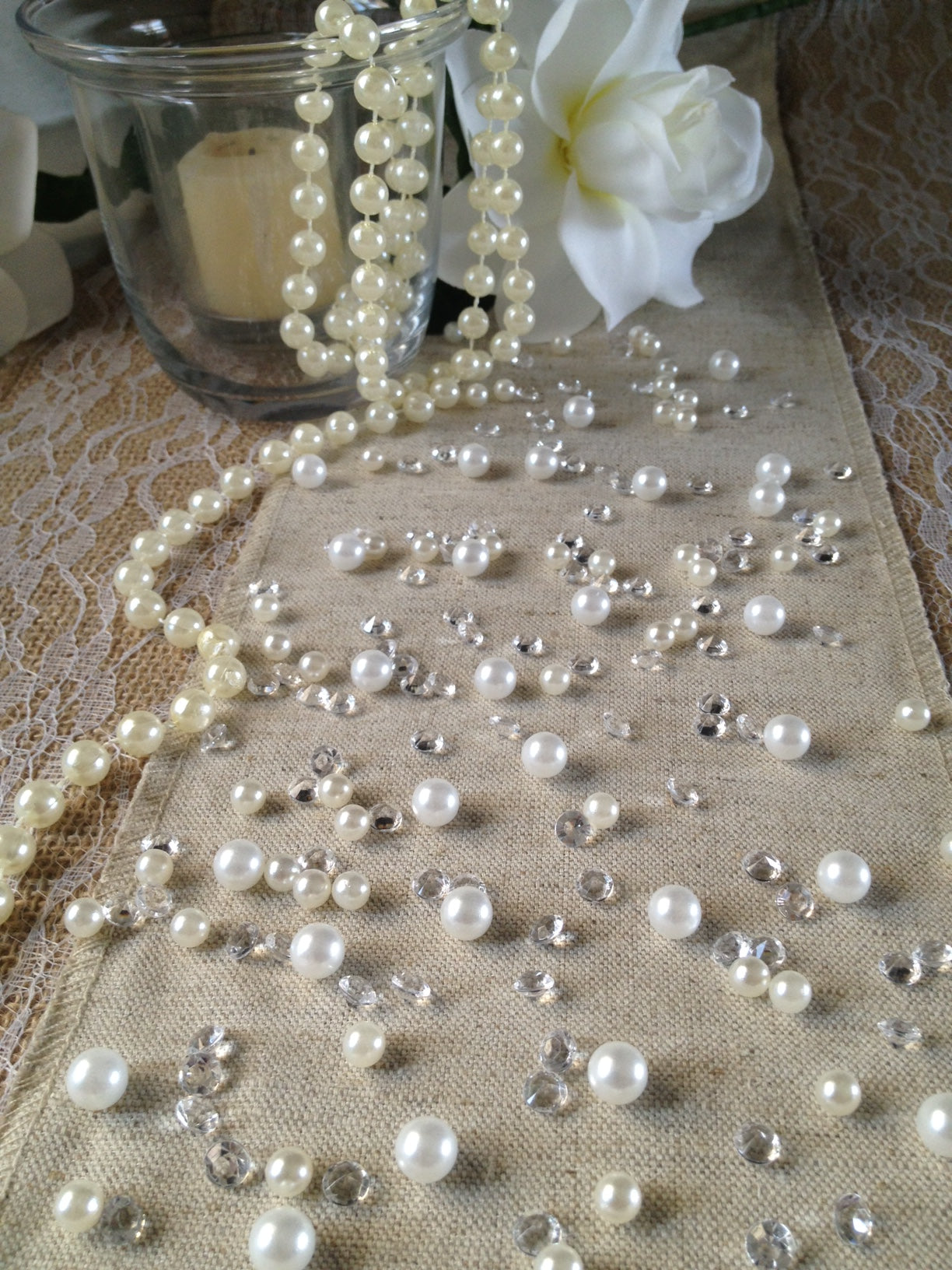 250pc Vintage White Pearls & Diamond Table Scatters For Wedding, Parties, Perfect for wine glass fillers, mason jars.