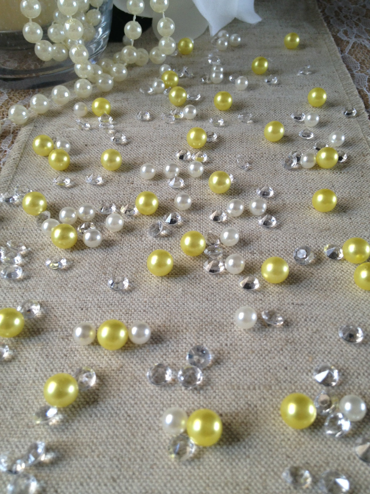 250pc Vintage Yellow Pearls & Diamond Table Scatters For Wedding, Parties, Perfect for wine glass fillers, mason jars.