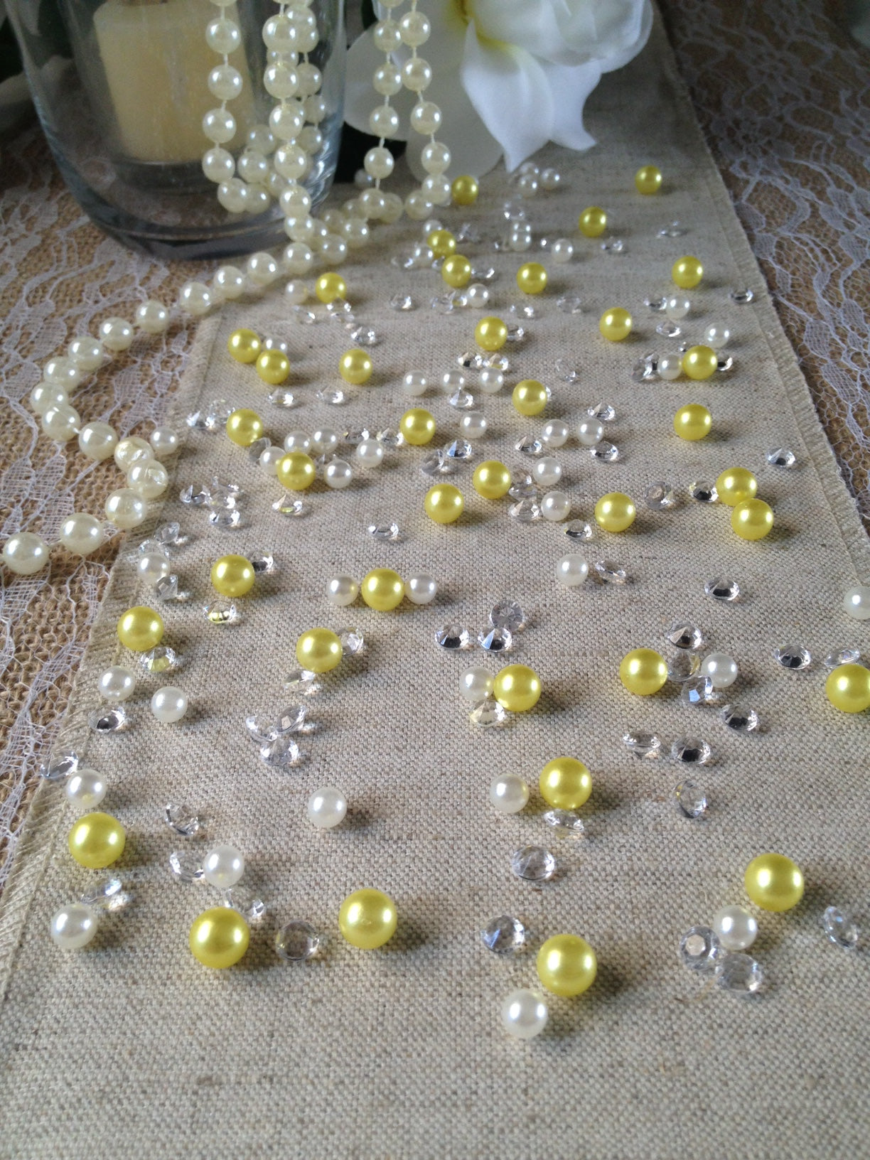 250pc Vintage Yellow Pearls & Diamond Table Scatters For Wedding, Parties, Perfect for wine glass fillers, mason jars.