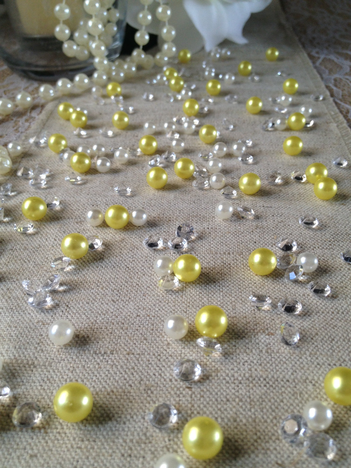 250pc Vintage Yellow Pearls & Diamond Table Scatters For Wedding, Parties, Perfect for wine glass fillers, mason jars.