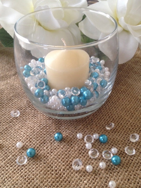 500pcs Pearls & Diamonds Teal Blue, White Pearls For Candle Fillers, Table Scatters