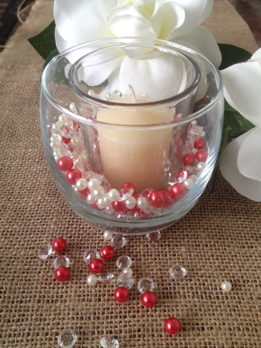 500pcs Pearls & Diamonds Red and White Pearls For Candle Fillers, Table Scatters