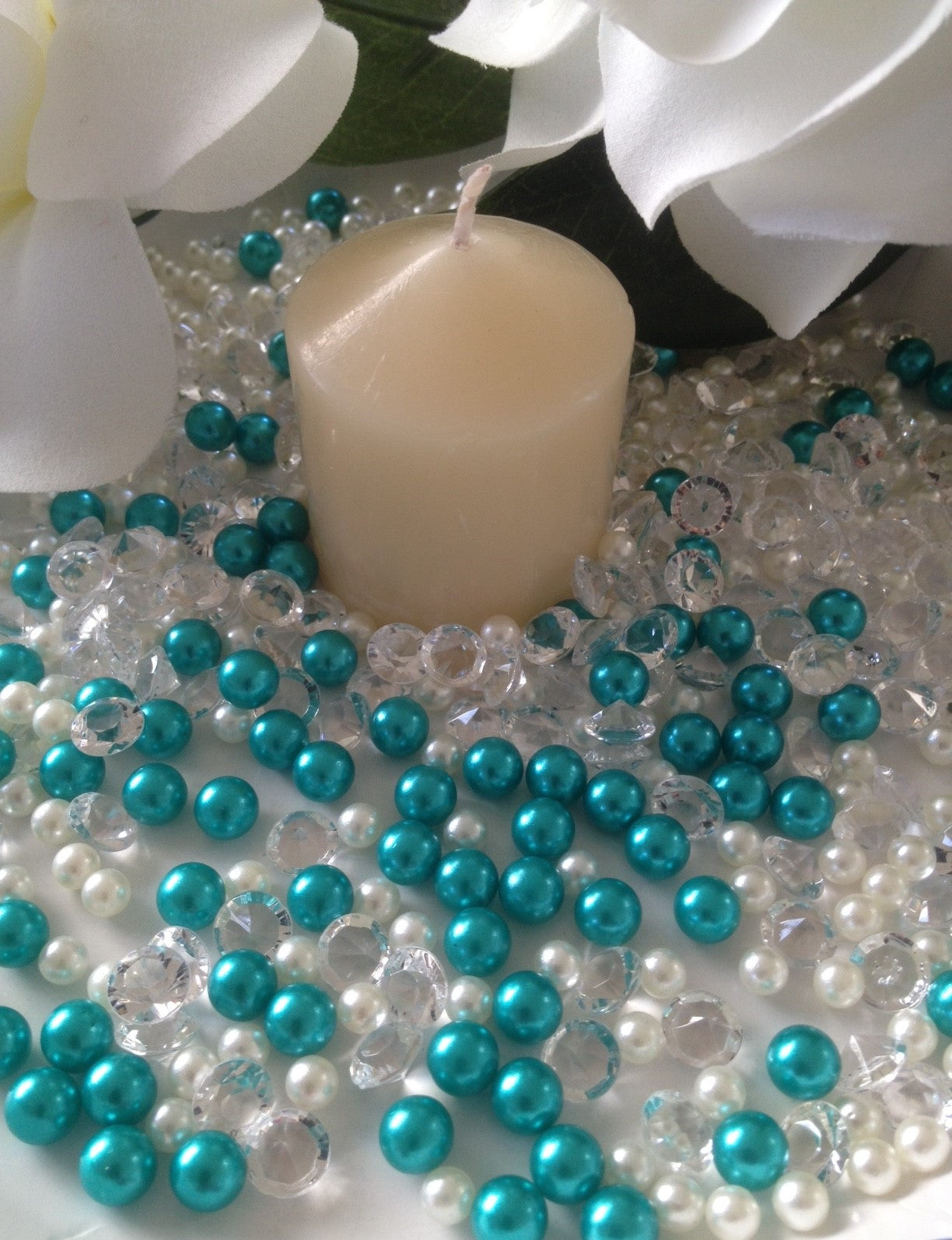 500pcs Pearls & Diamonds Turquoise Green and White Pearls For Candle Fillers, Table Scatters