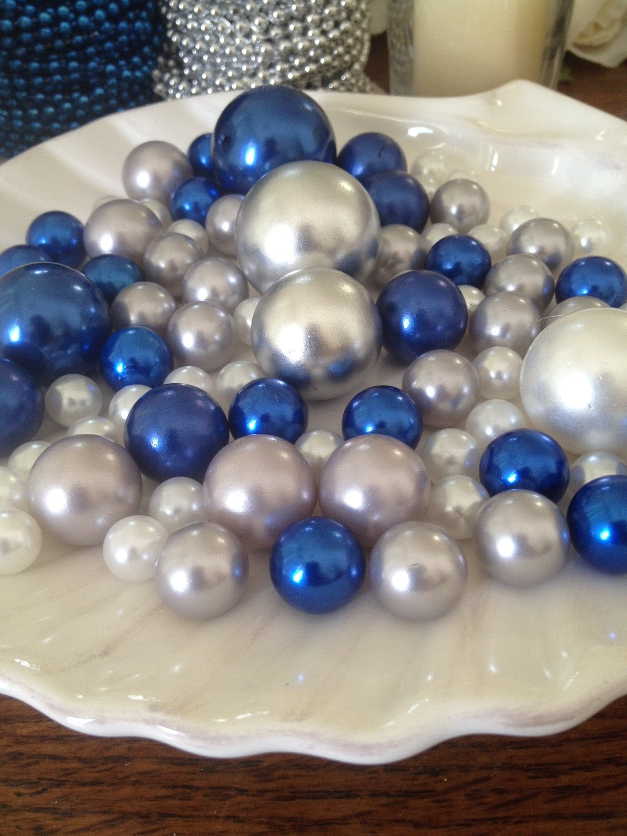 Vase Filler Pearls Royal Blue-Silver-White/80pc