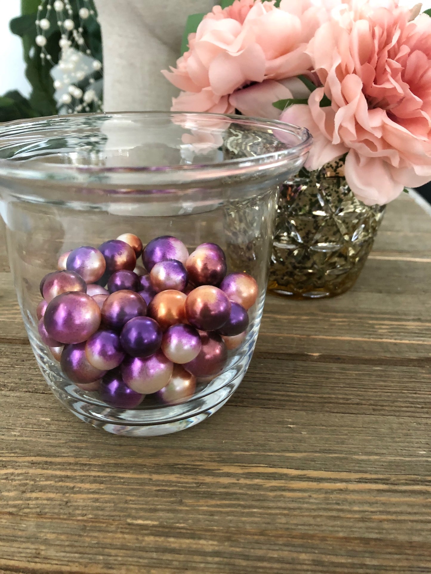 Ombre Floating Pearls Purple And Bronze 60pc mix size pearls. DIY Floating Pearl Centerpiece for wedding, table decor