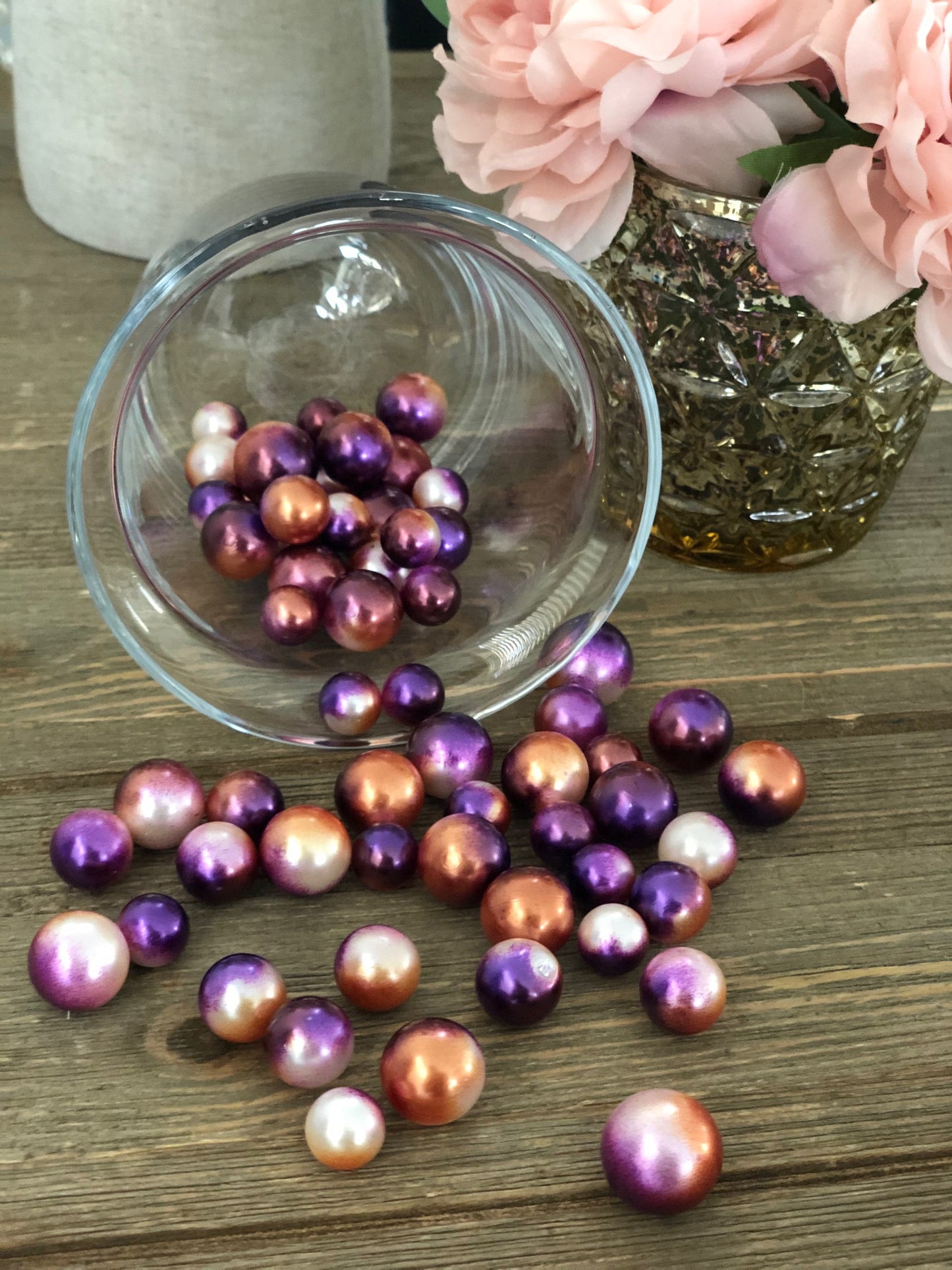 Ombre Floating Pearls Purple And Bronze 60pc mix size pearls. DIY Floating Pearl Centerpiece for wedding, table decor