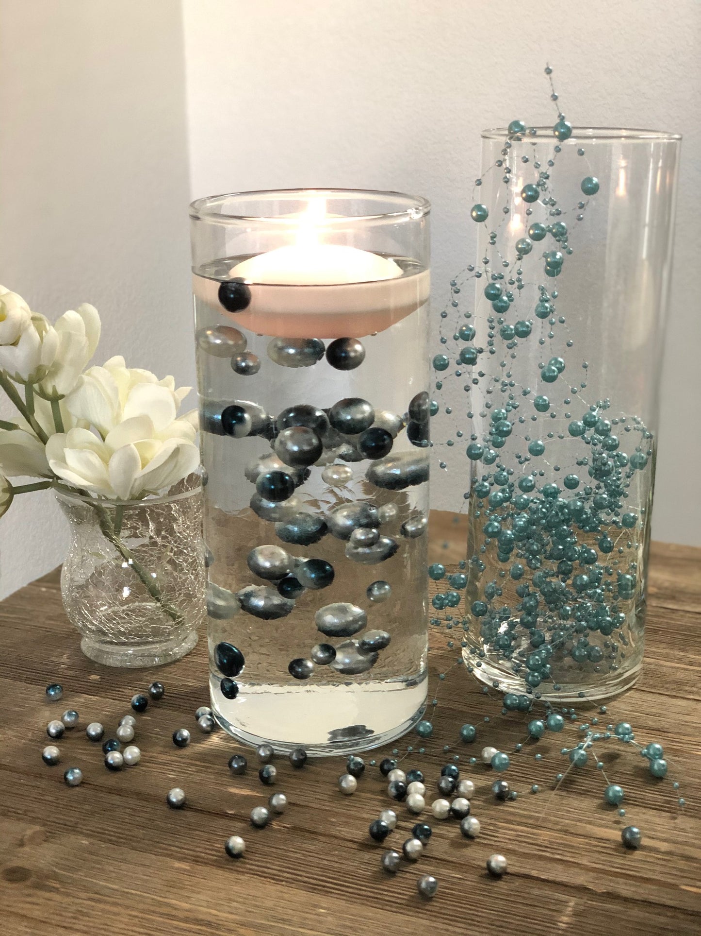 Floating Pearls Ombre/Watercolor Teal/Silver 60pc mix size pearls. DIY Floating Pearl Centerpiece