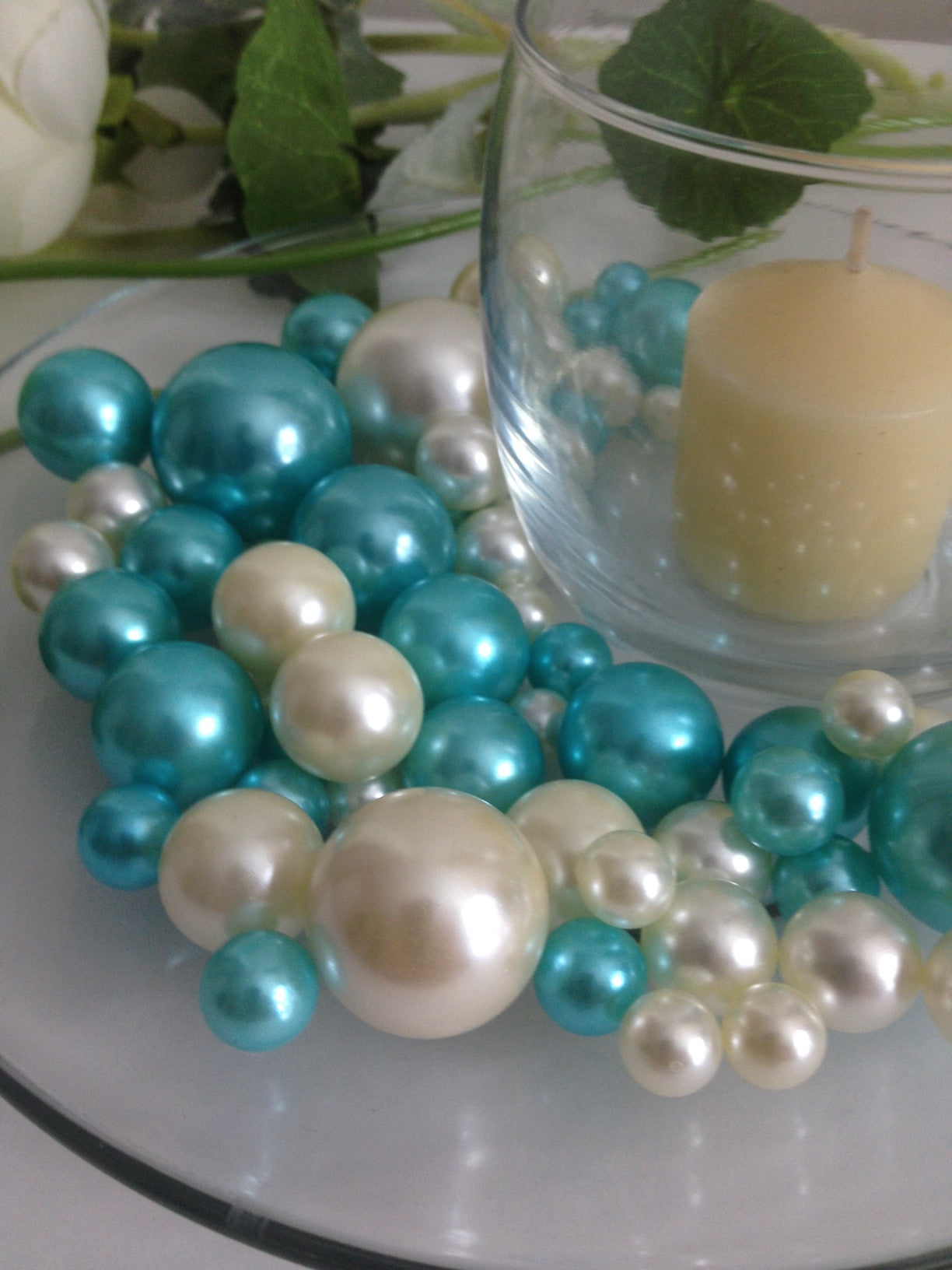 Teal Blue And White Pearls, Vase Filler Pearls, DIY Floating Pearl Centerpiece, Table Scatters And Confetti, Jumbo Mix Size Pearls