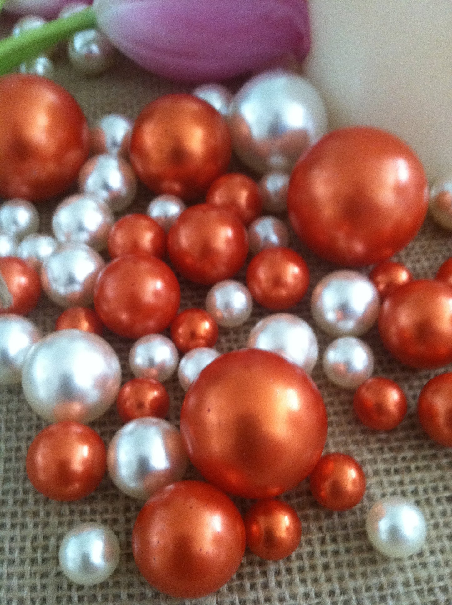 Orange/White Floating Pearls Centerpiece, Vase Fillers, Table Scatters