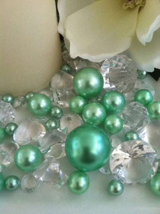 Seafoam green pearls diamond vase fillers, table scatter confetti, bowl fillers