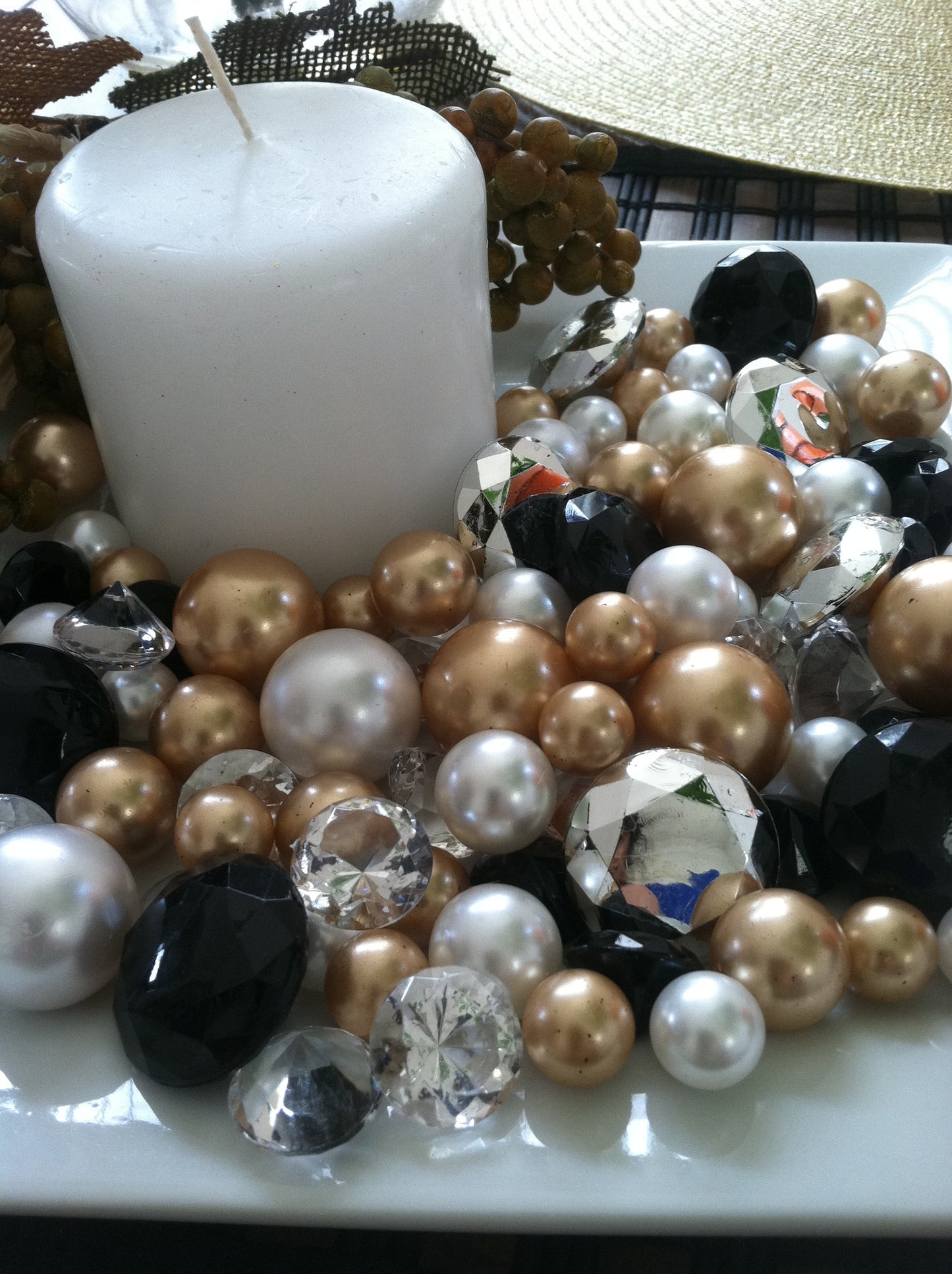 Holiday bowl fillers, black gold silver white pearls diamonds vase fillers