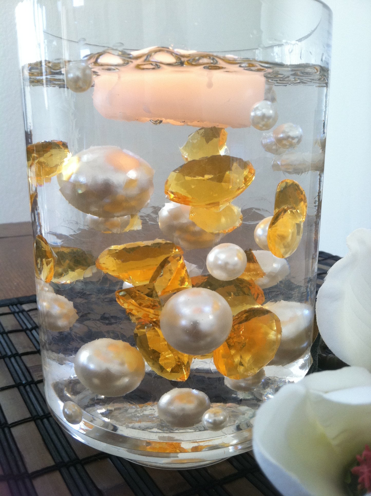 Floating Diamonds And Pearl Centerpiece, Vase Filler Gems, Table Scatters