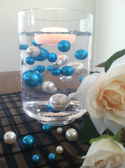 Teal Blue/Ivory Floating Pearls Centerpiece, Vase Fillers, Table Scatters