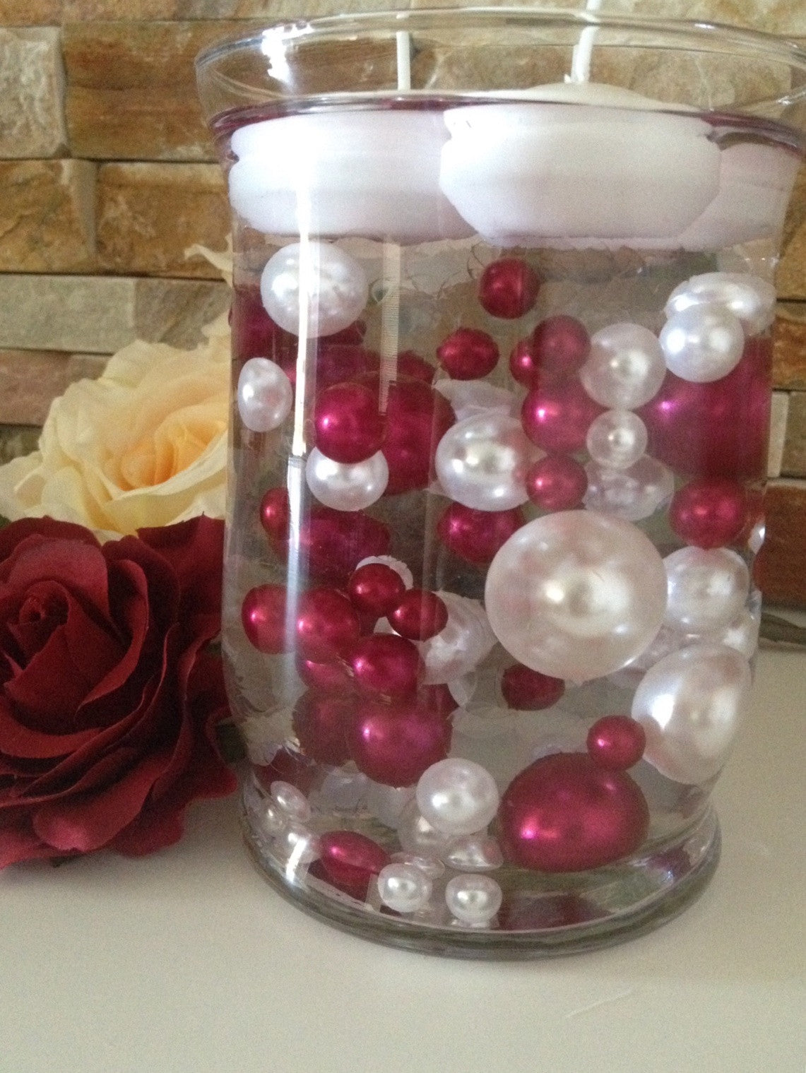 Cranberry Red And White Vase Filler Pearls, DIY Floating Pearl Centerpiece, Table Scatters And Confetti, Jumbo Mix Size Pearls