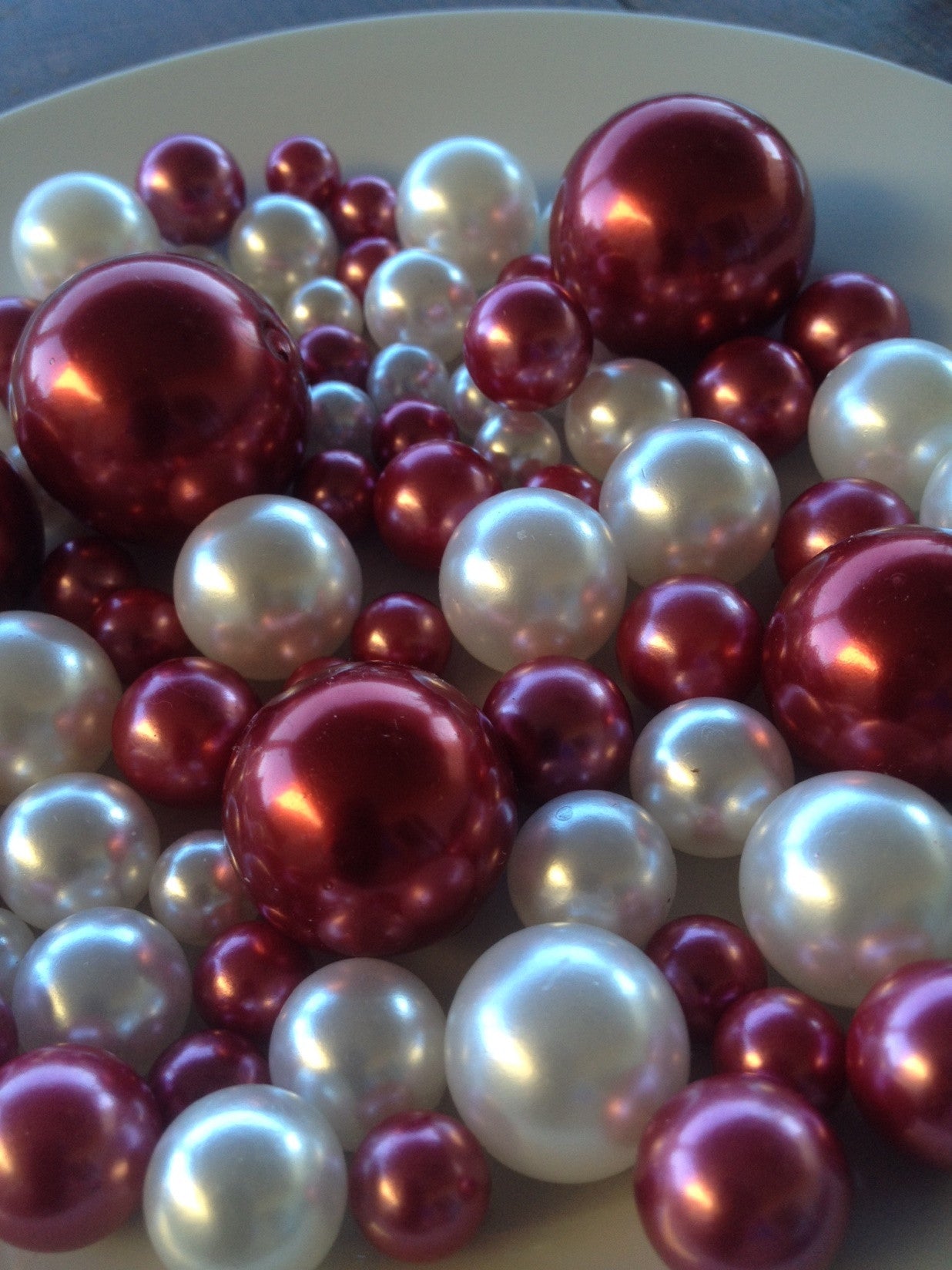 80 Cranberry/White Pearls, Jumbo & Mix Size Pearls, No Hole Pearls For Vase Fillers, Crafts, DIY Floating Pearls