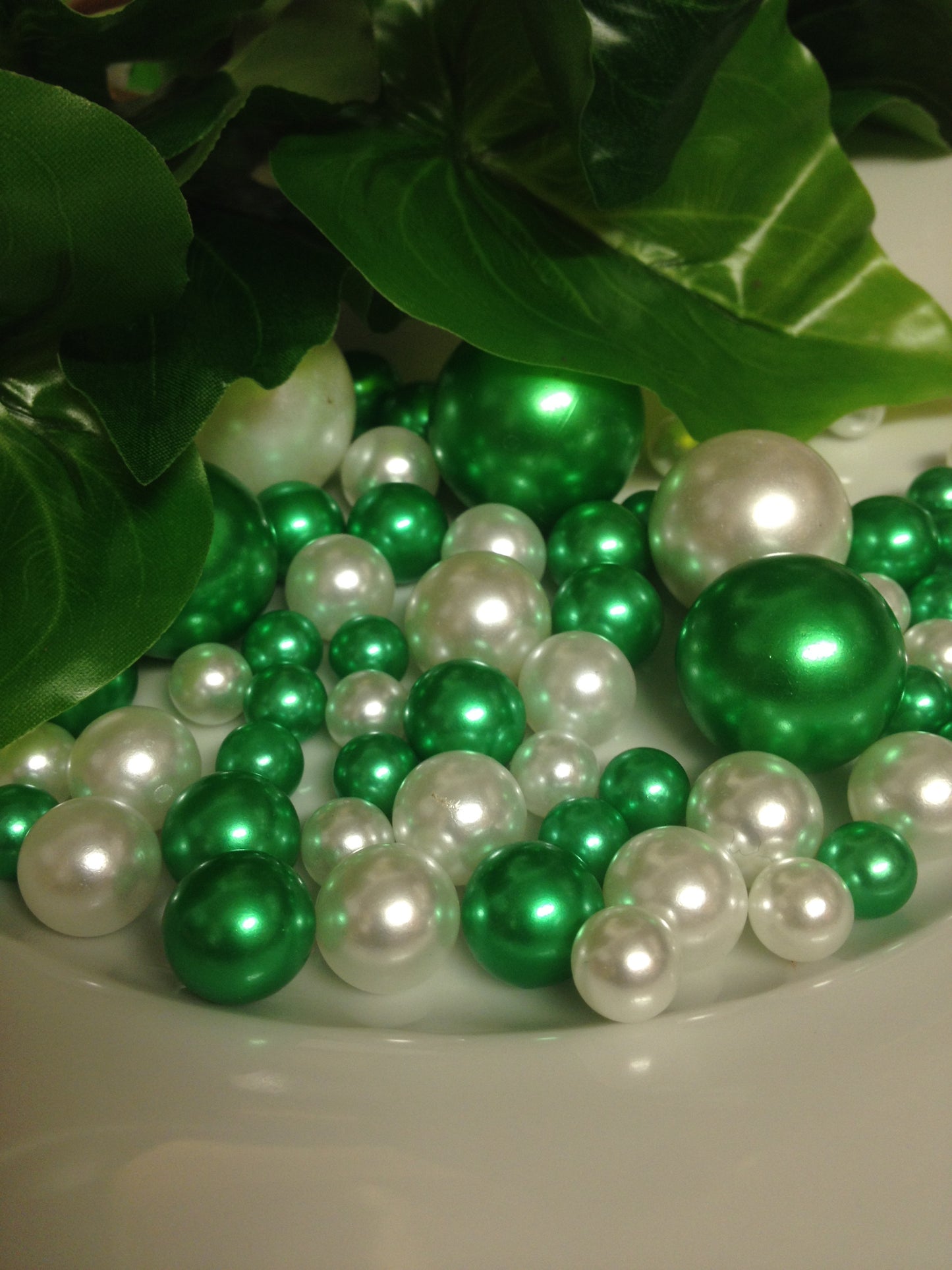 Shamrock Green And White Pearls, Vase Filler Pearls, DIY Floating Pearl Centerpiece, Table Scatters And Confetti, Jumbo Mix Size Pearls