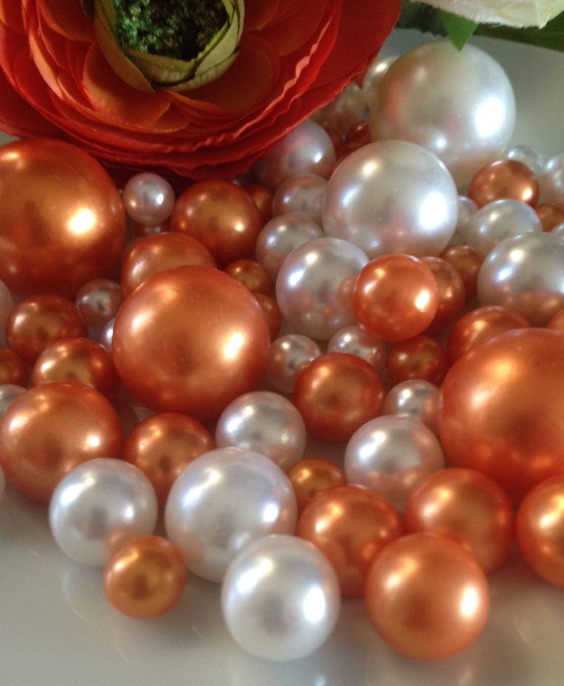 30/80pc Coral Orange/White Decorative Jumbo Pearls, Mix Size Pearls, No Hole Pearls Vase Fillers, Table Scatters, Floating Pearl Centerpiece