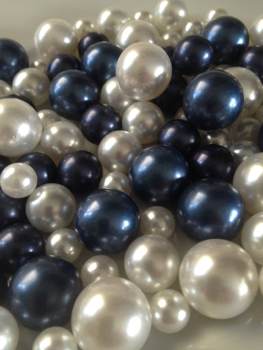 90pc Navy Blue/White Pearls, No Hole Pearls Vase Fillers, Table Scatters, Floating Pearl Centerpiece