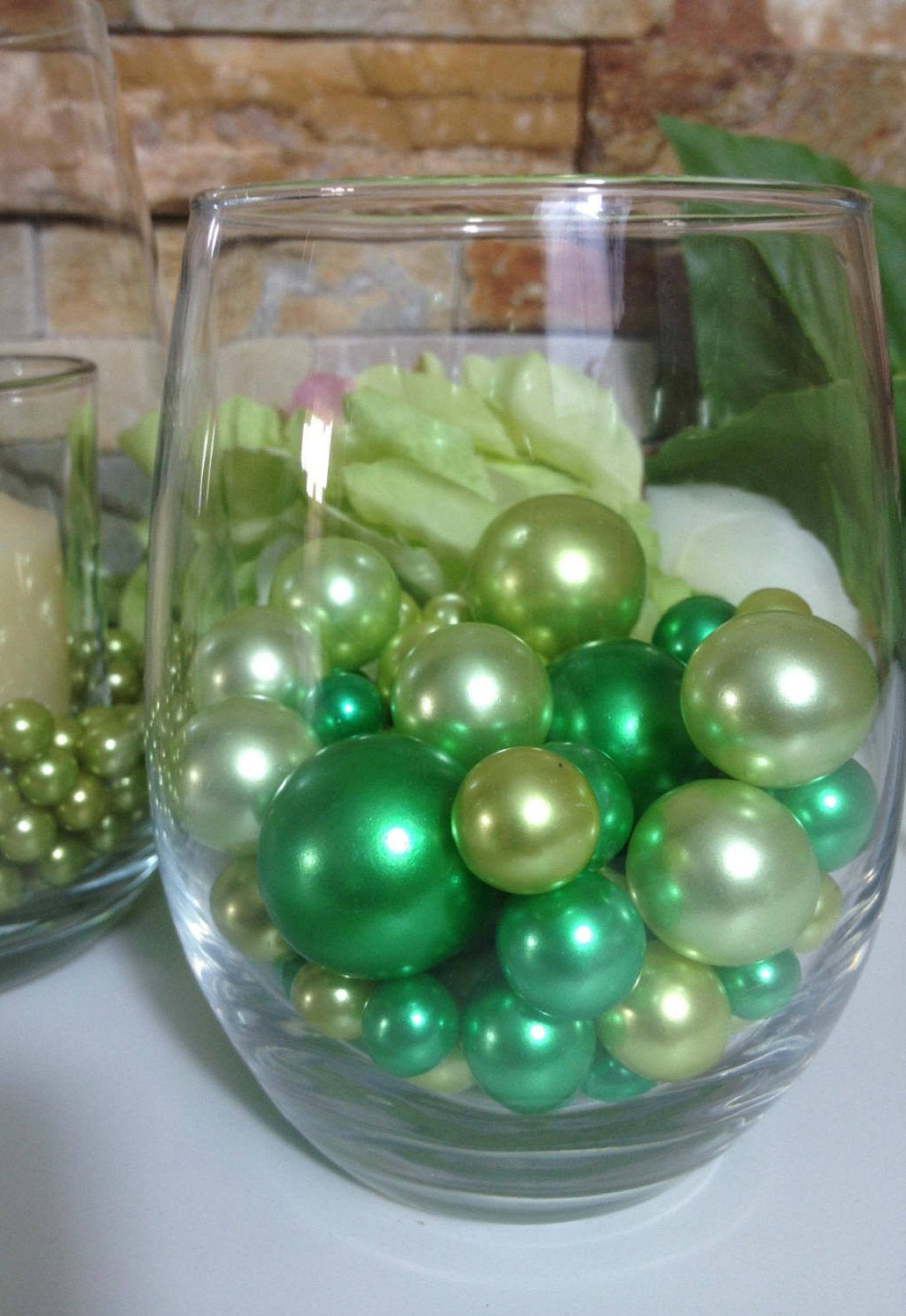 Floating Pearls Centerpiece Lime/Green Pearls 80pc Mix, Jumbo Pearls Vase Fillers, No Hole Pearls, Scatters, Wedding Pearl Centerpieces