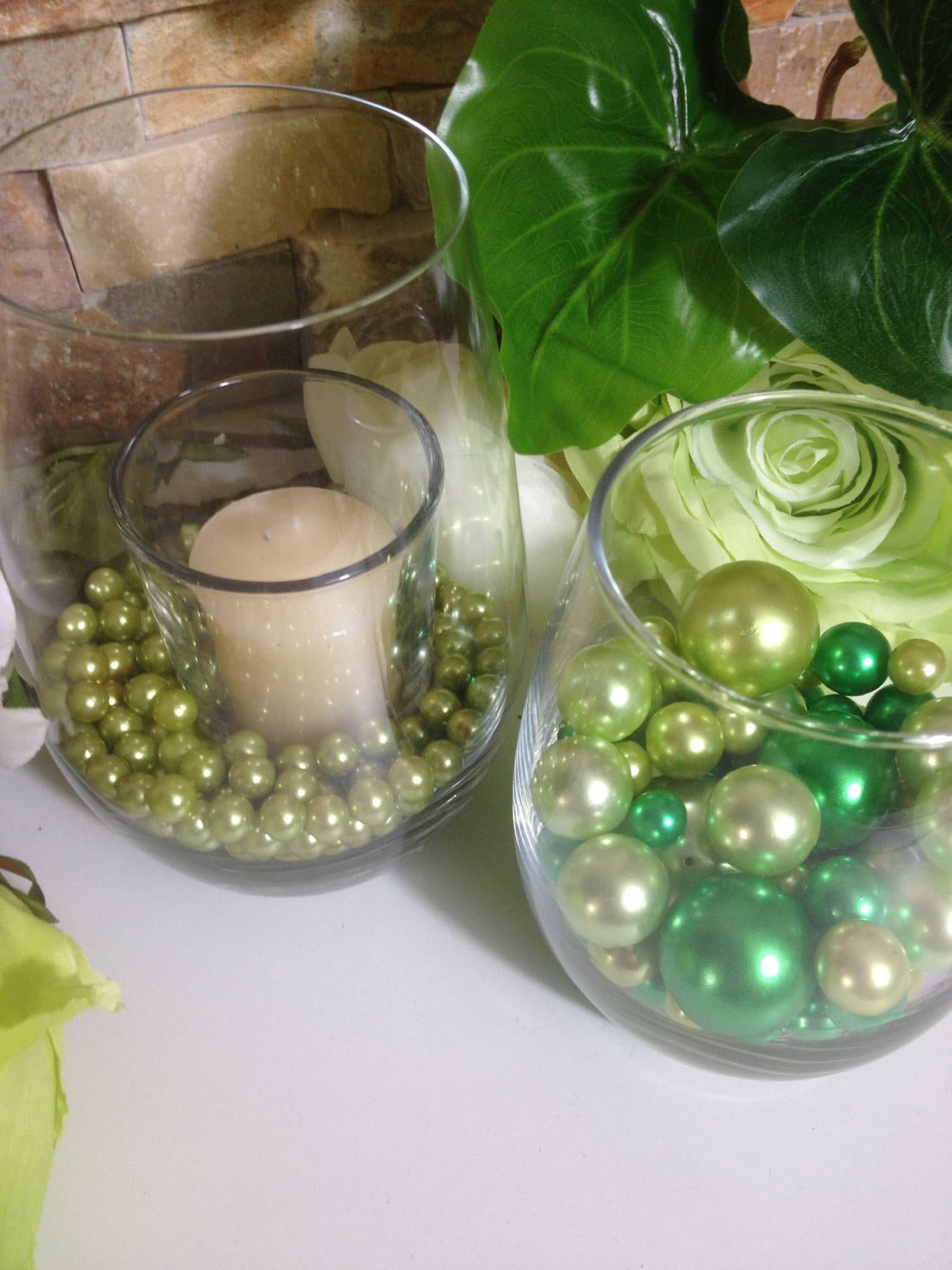 Lime/Green Pearls 80/200pc Mix, Jumbo Pearls Vase Fillers, Candle Glass Fillers, Floating Pearl Centerpieces, Wedding Pearl Decor