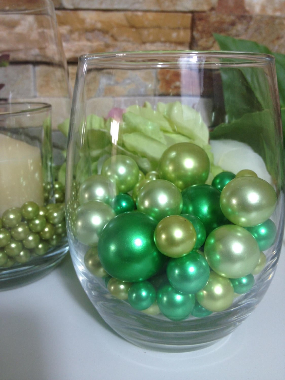 Lime/Green Pearls 80/200pc Mix, Jumbo Pearls Vase Fillers, Candle Glass Fillers, Floating Pearl Centerpieces, Wedding Pearl Decor