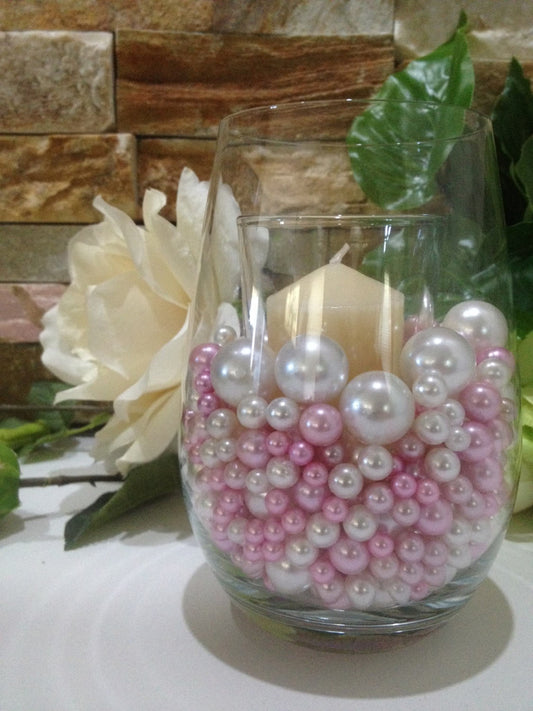 White/Pink Pearls, No Hole Pearls, Decorative Vase Filler Pearls 450 Pcs Mix Size Bridal/Baby Shower Centerpiece