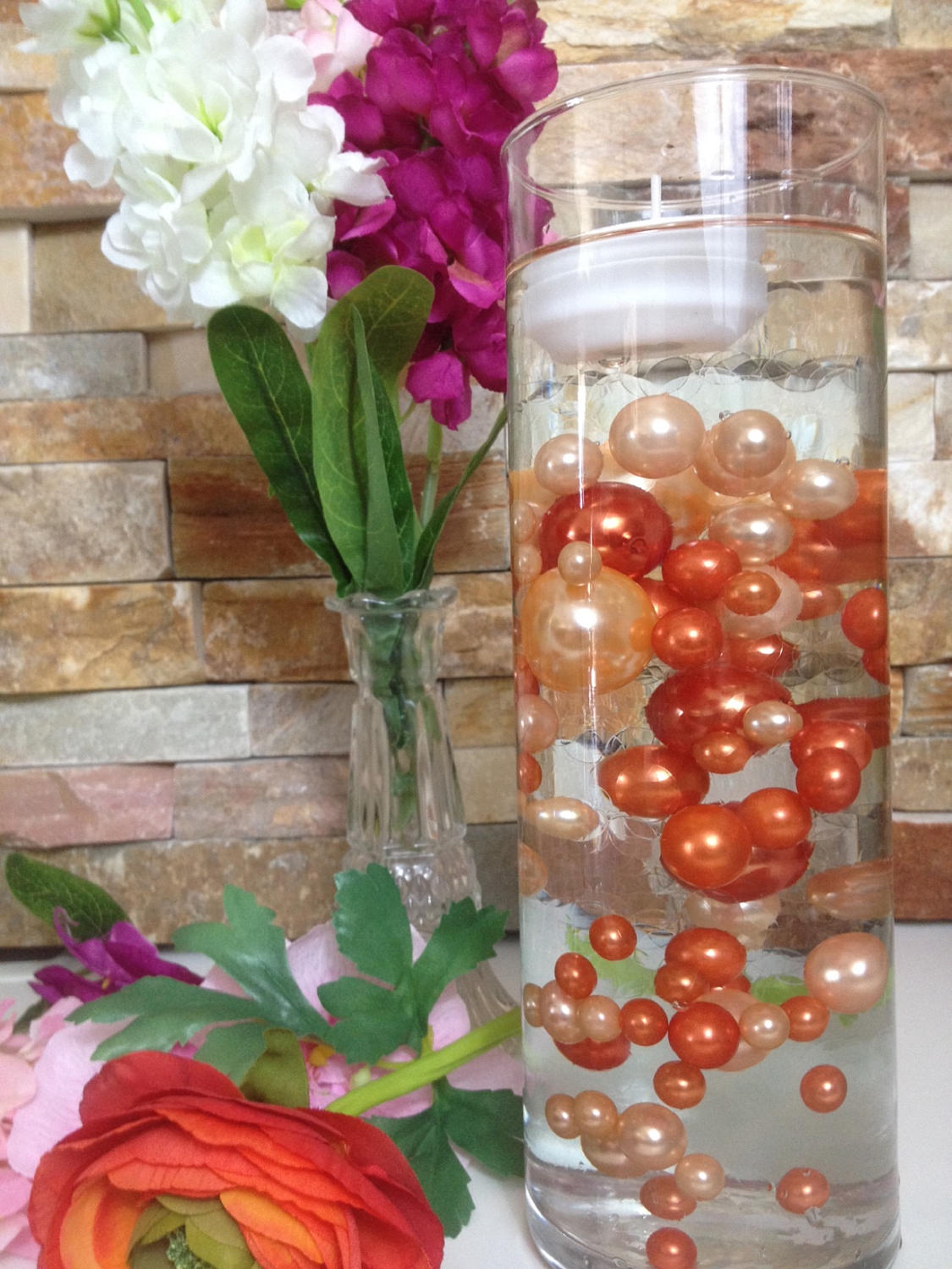 Floating Pearl Centerpiece, Peach/Coral Orange Pearls 80pc Mix, Jumbo Pearls Vase Fillers, Table Scatters, Wedding Pearl Centerpieces