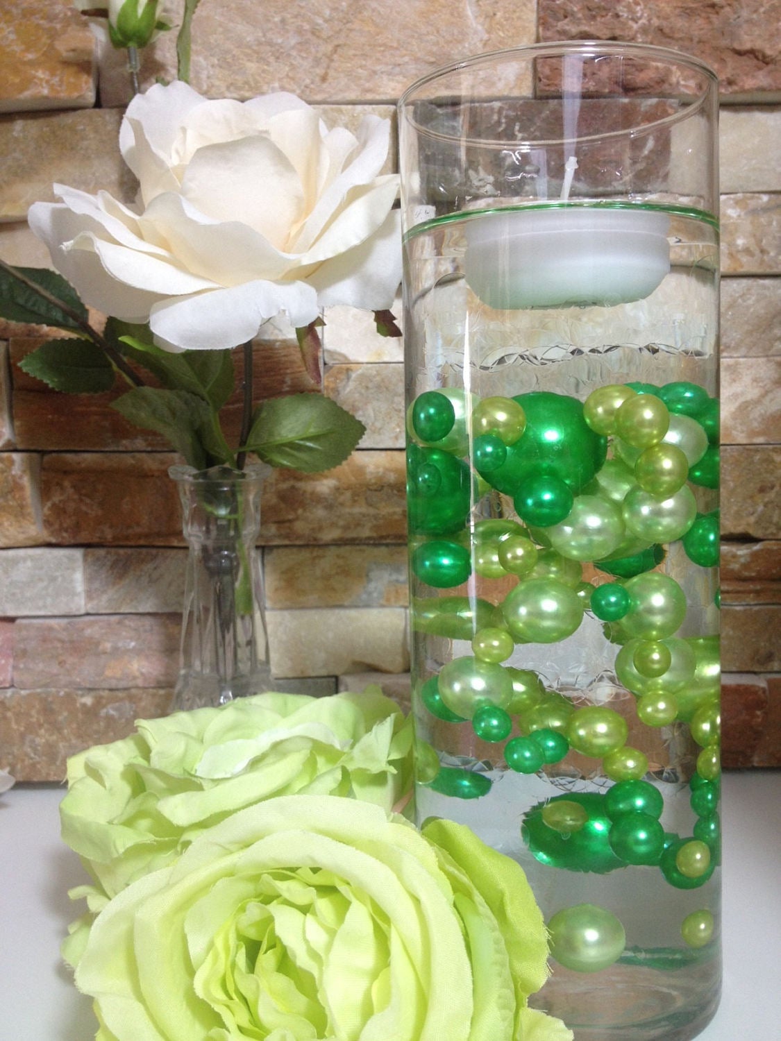 Floating Pearls Centerpiece Lime/Green Pearls 80pc Mix, Jumbo Pearls Vase Fillers, No Hole Pearls, Scatters, Wedding Pearl Centerpieces